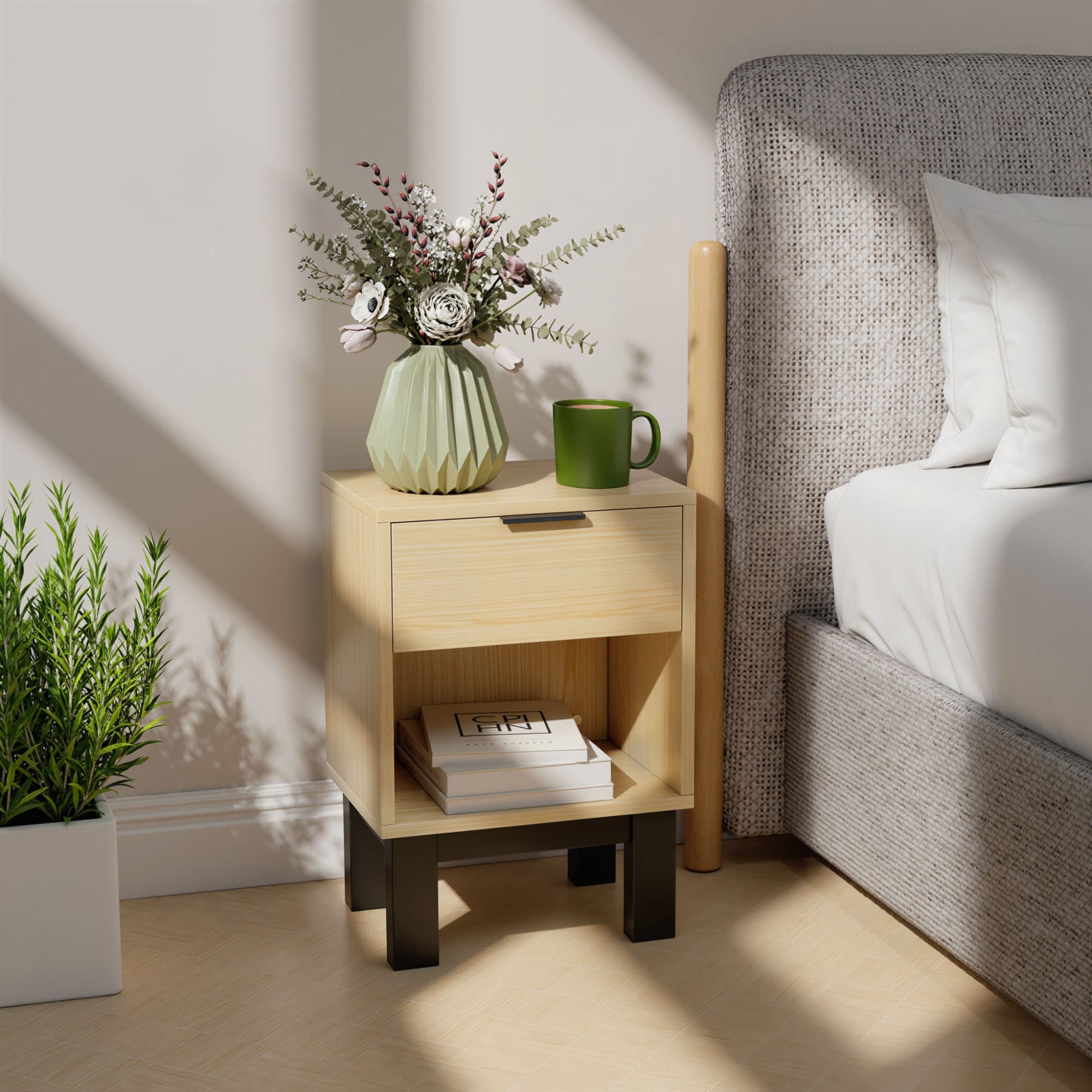 HOMCOM Table de chevet, chevet avec tiroir, compartiment ouvert, commode de nuit pour chambre, salon, 35 x 26 x 50 cm, Chêne