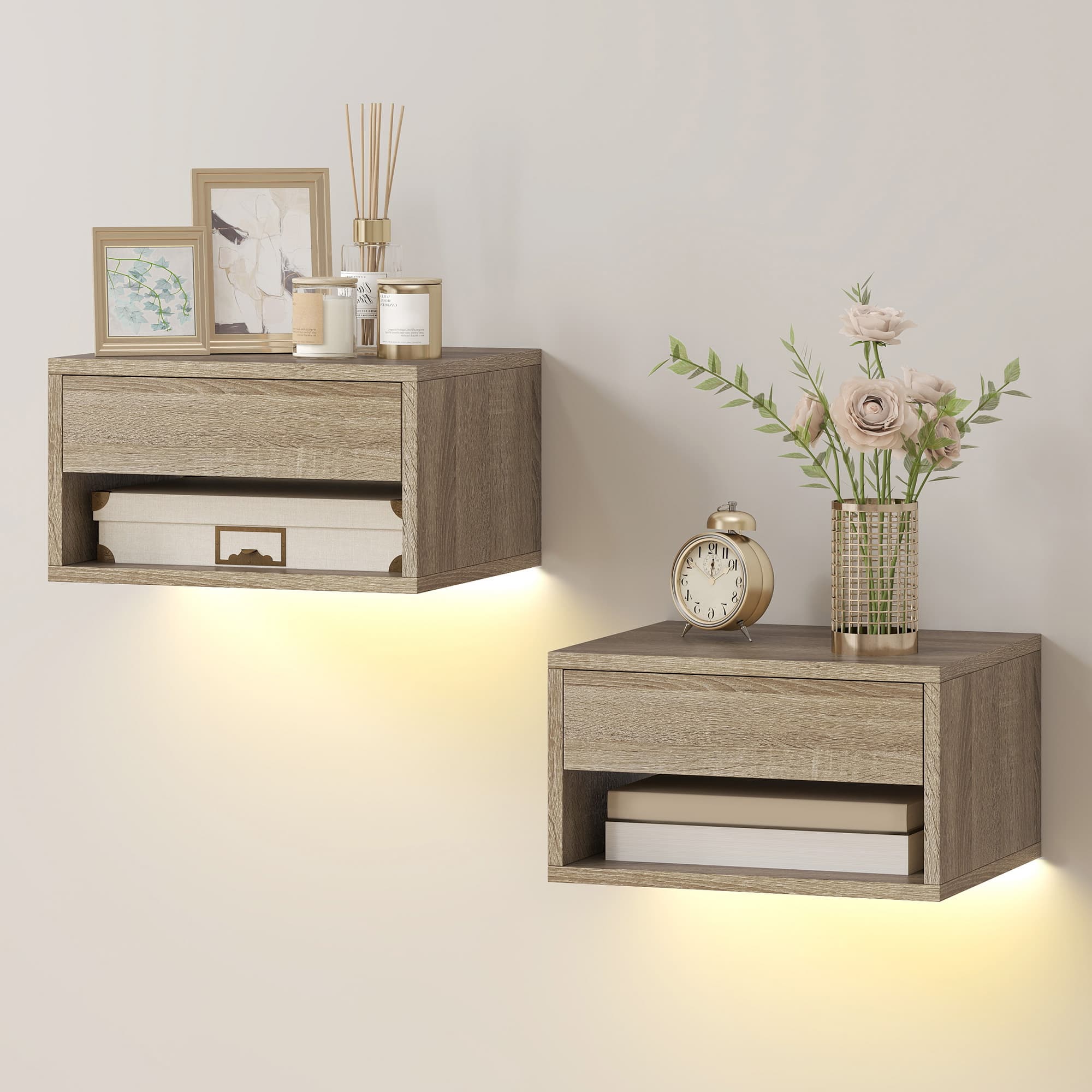 HOMCOM Ensemble de 2 Tables de Chevet Flottantes avec Lumières LED RGB Contrôle via APP Tiroir Étagère Ouverte Bois naturel