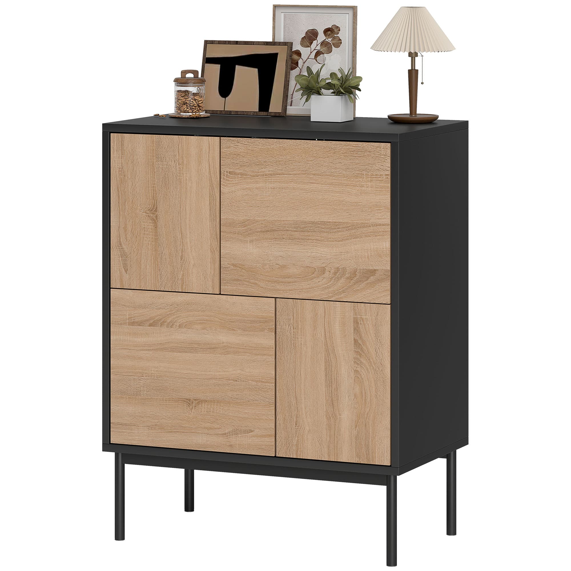 HOMCOM Buffet avec portes push-to-open, armoire de salle à manger avec pieds métalliques, meuble de cuisine, MDF, Noir+bois naturel