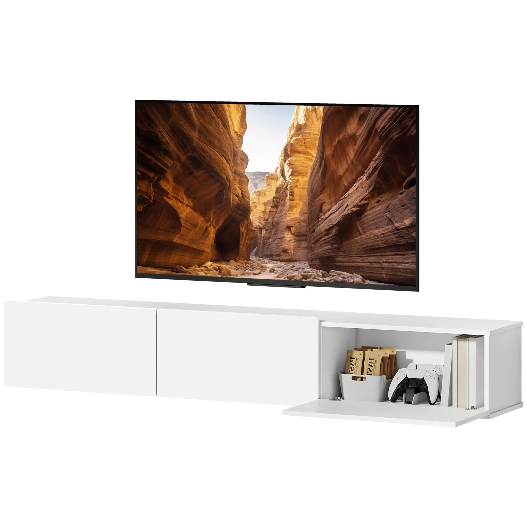 HOMCOM Meuble TV flottant, montage mural, 3 tiroirs, grand espace de rangement, 180 cm, Blanc