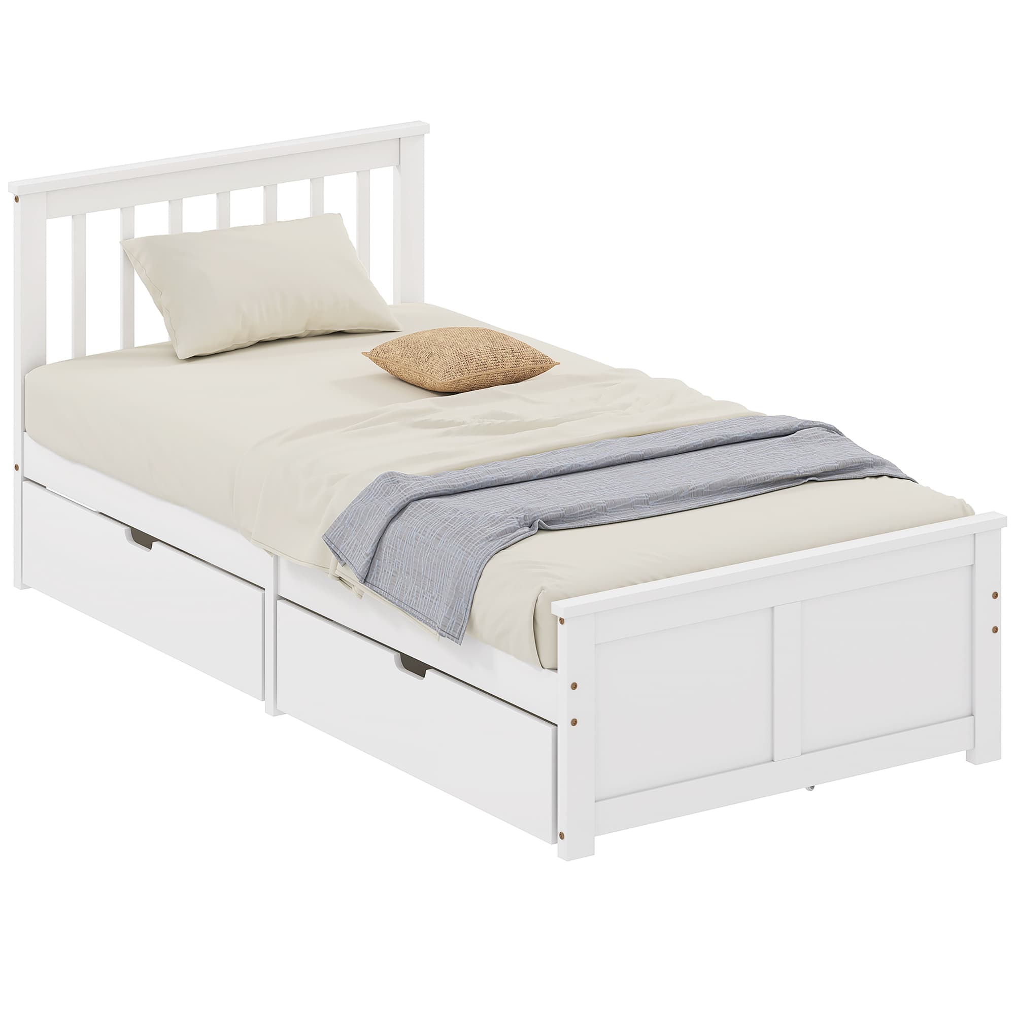 HOMCOM Cadre de lit simple, cadre en bois, tiroirs sur roulettes, pas de sommier nécessaire, 90 x 200 cm, Blanc