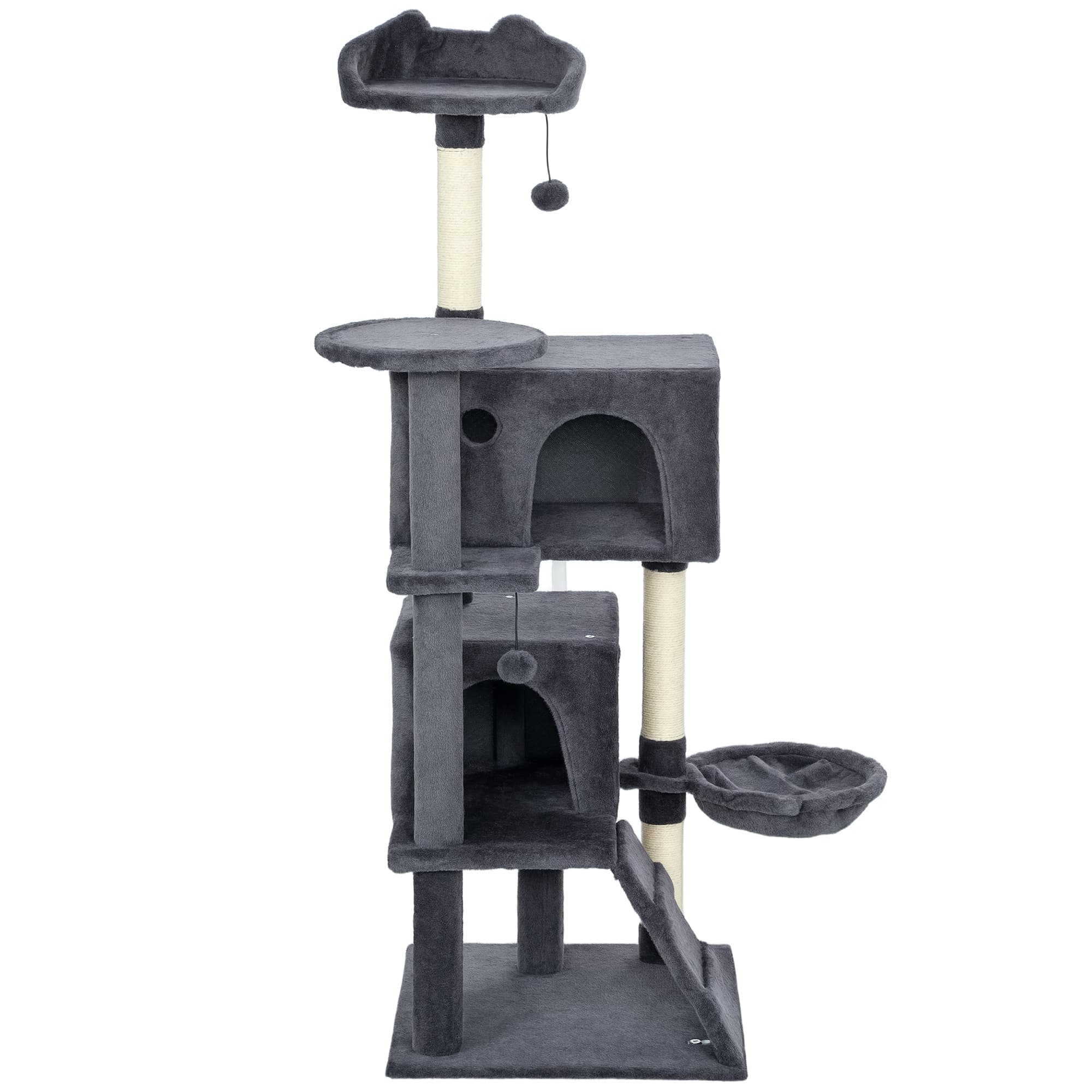 PawHut Arbre à Chats Haut 140 cm avec 2 Maisons, Lit et Hamac pour 2-3 Chats, Revêtement Peluche, Gris