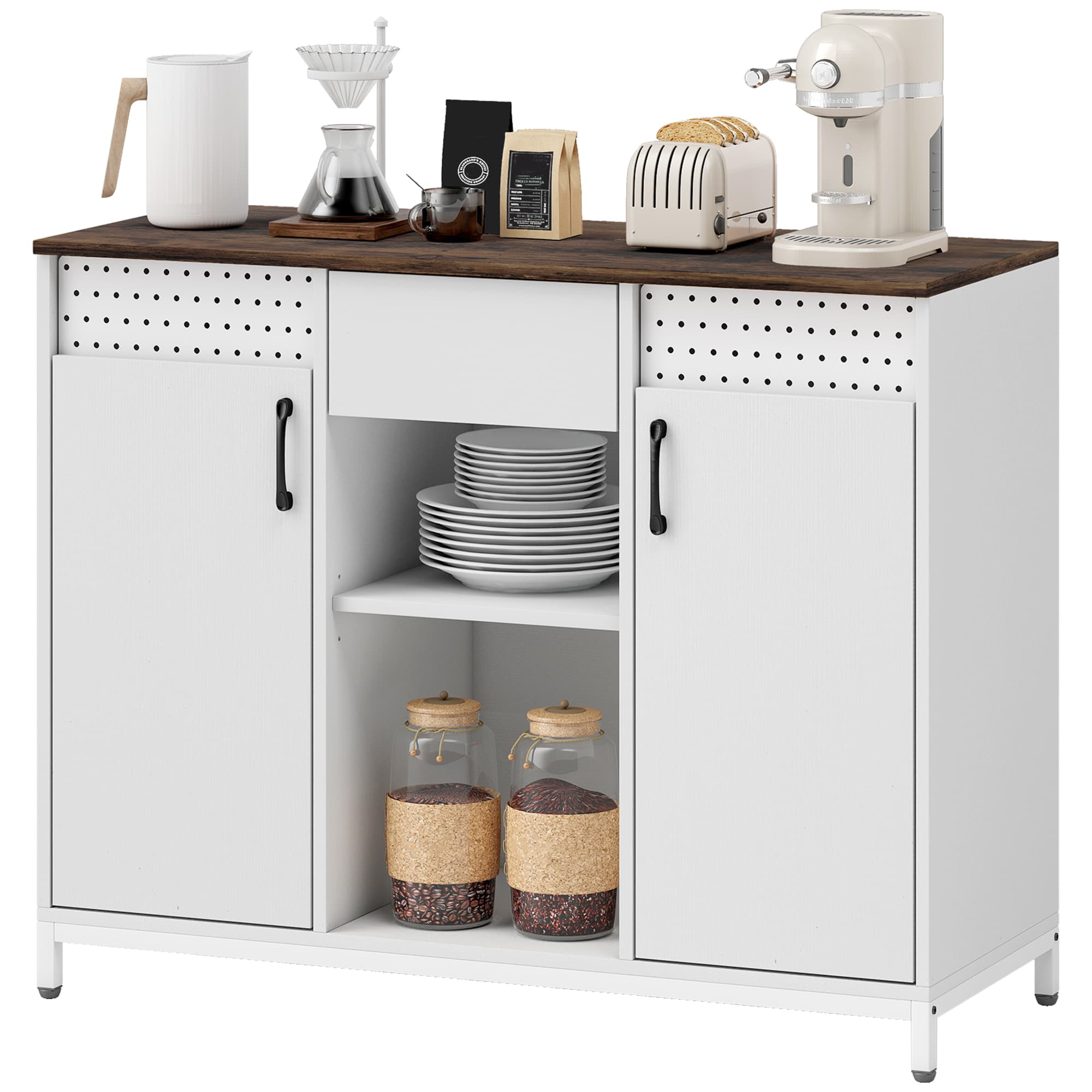 HOMCOM Buffet pour Salon 2 Portes à Perforations Tiroir Compartiments Ouverts Étagères Réglables 100x40x80 cm Blanc
