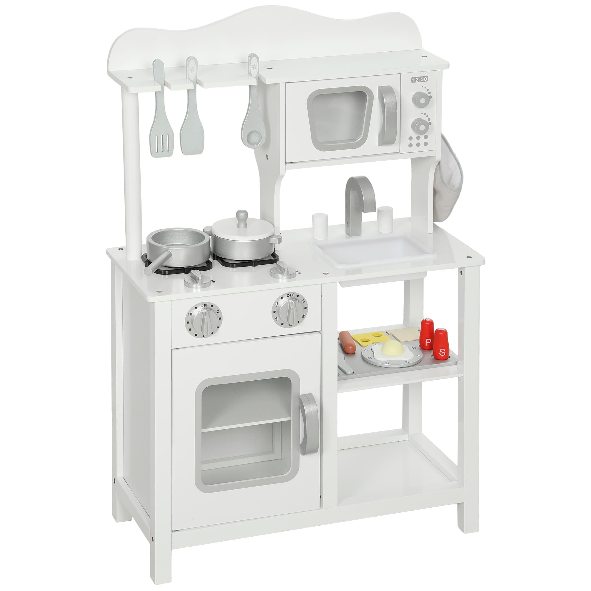 AIYAPLAY Cuisinette en bois avec son, accessoires, évier et micro-ondes pour enfants à partir de 3 ans, Blanc