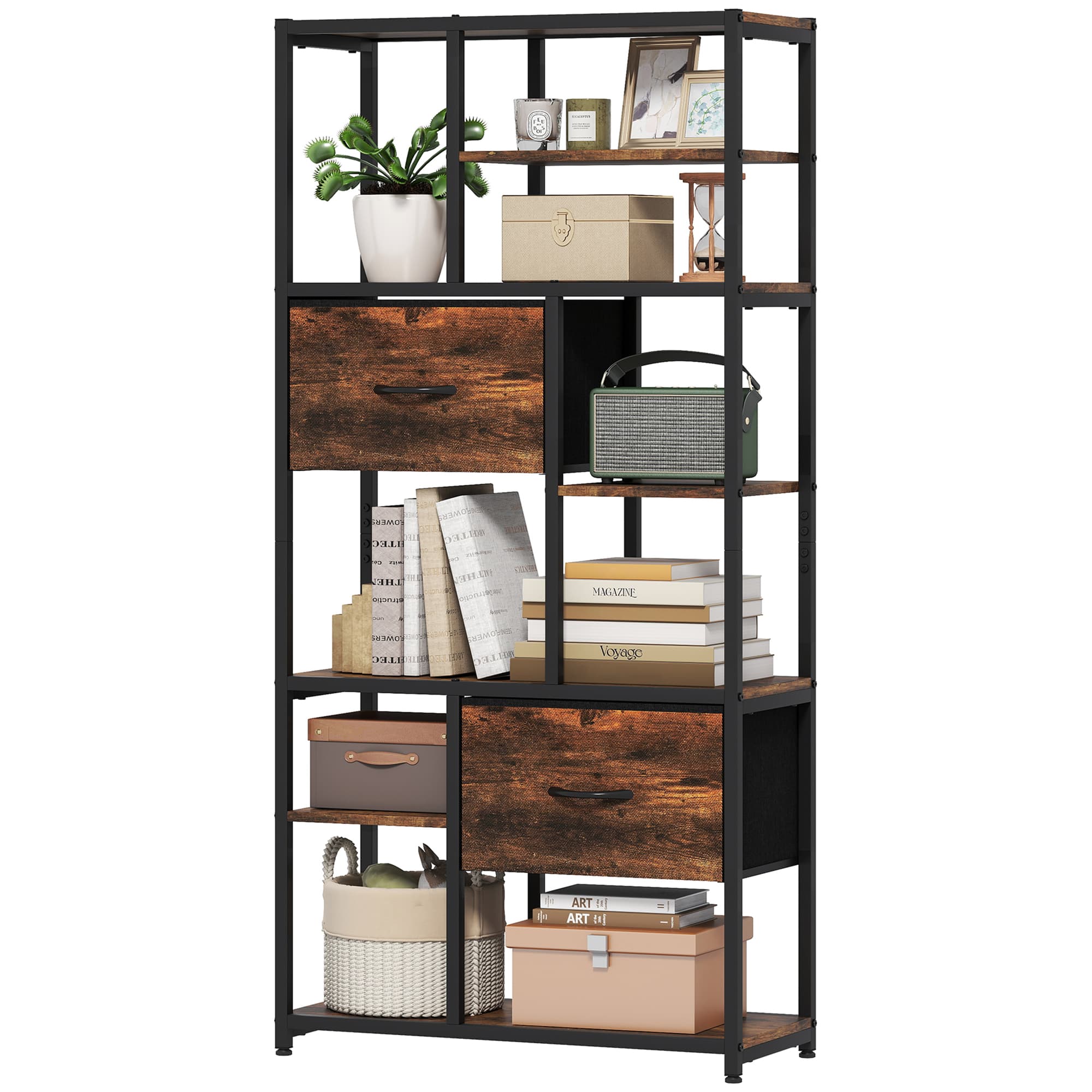 HOMCOM Meuble de rangement, 2 tiroirs en tissu, 9 niches ouvertes, étagère autoportante avec cadre en acier, Marron+Noir