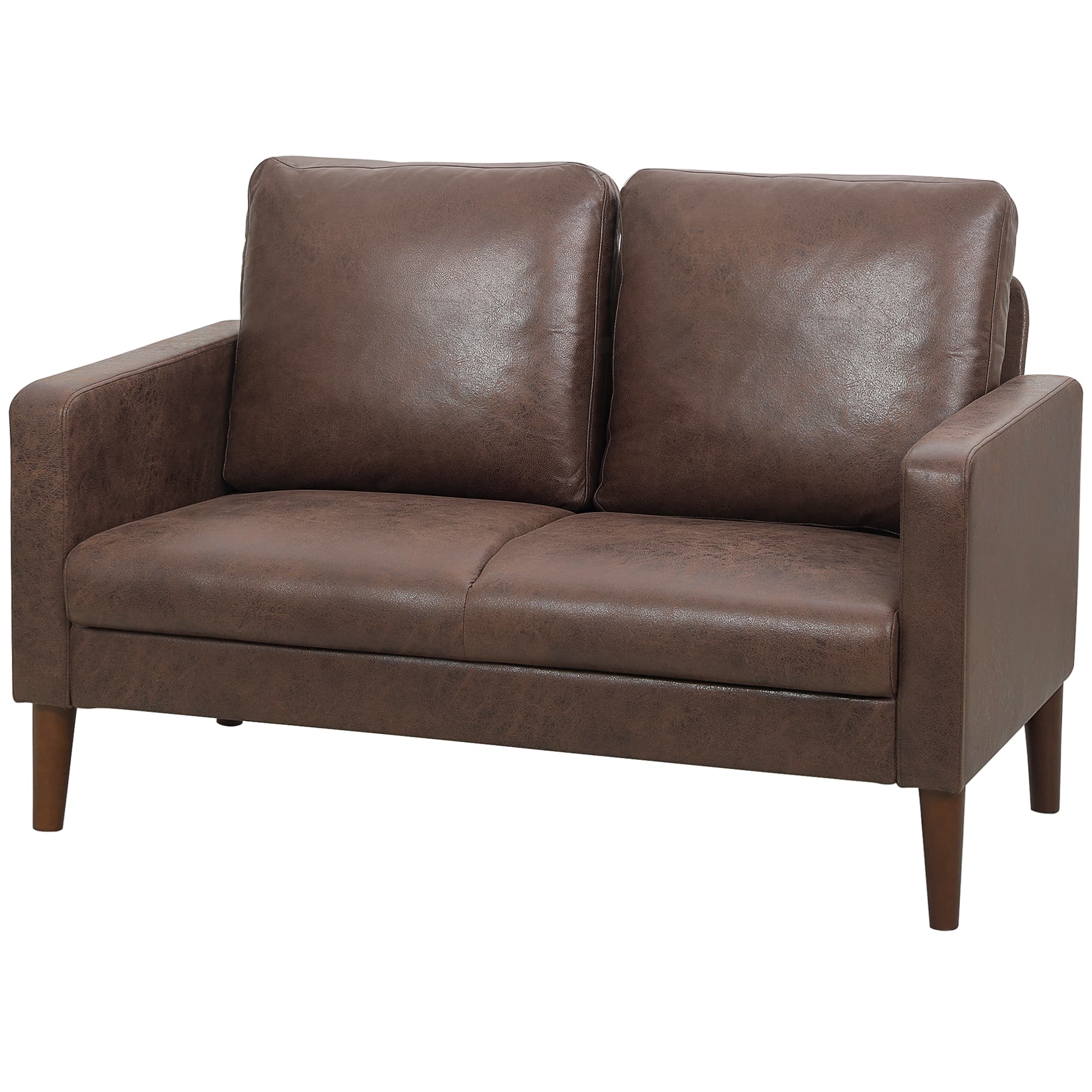 HOMCOM Canapé 2 Places Moderne avec Revêtement en Tissu Effet Cuir Respirant et Pieds en Bois, 130x78x85 cm, Marron Foncé