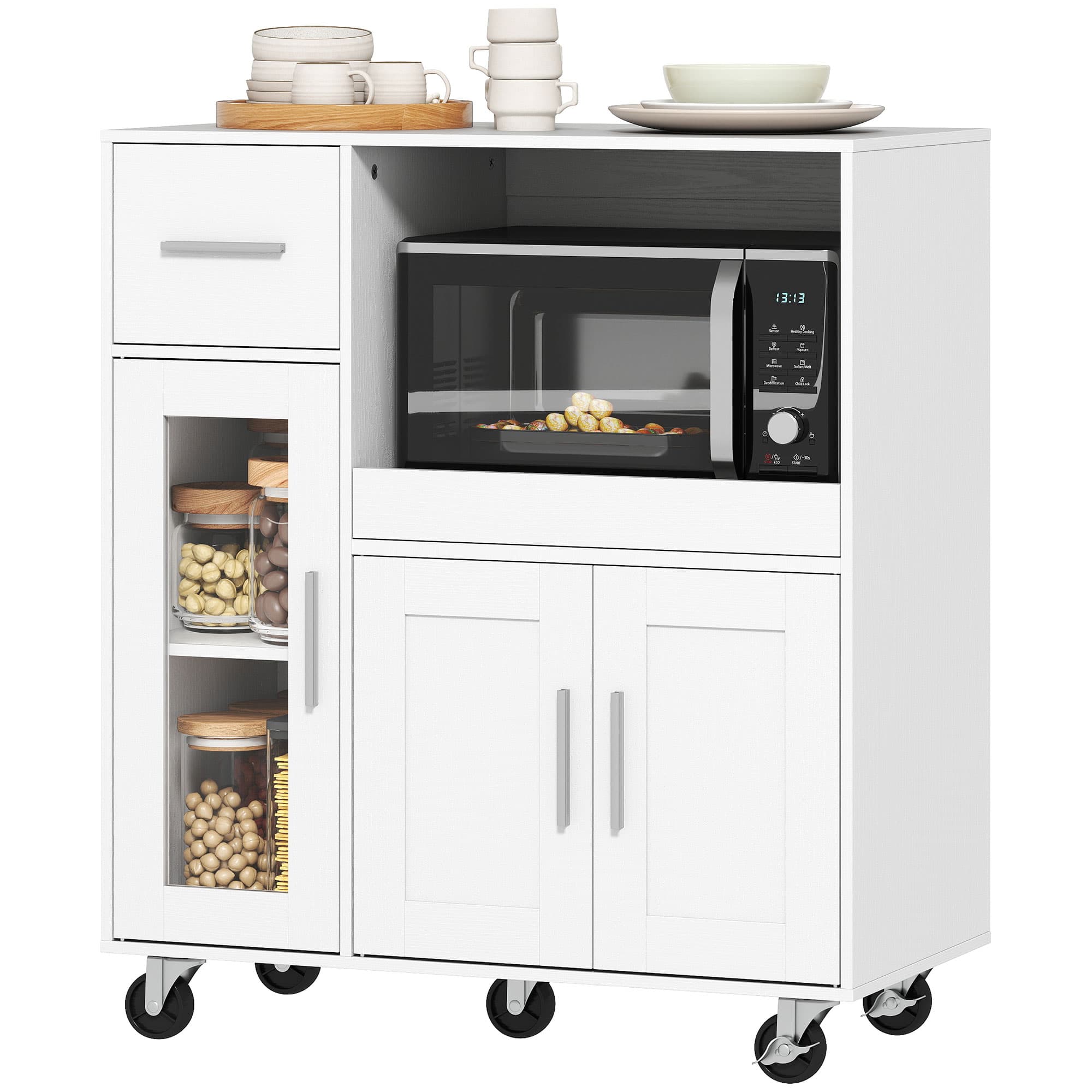 HOMCOM Armoire de cuisine sur roulettes, commode de cuisine mobile avec étagères, tiroirs, étagère réglable, trou pour câble, blanc