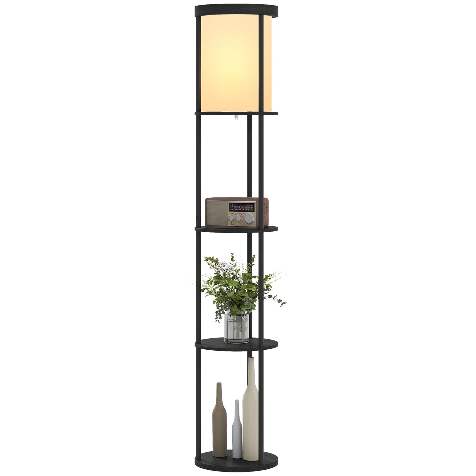HOMCOM Lampadaire avec 3 étagères, design rond, télécommande, interrupteur au pied, chaleur de lumière réglable, pour salon, Noir