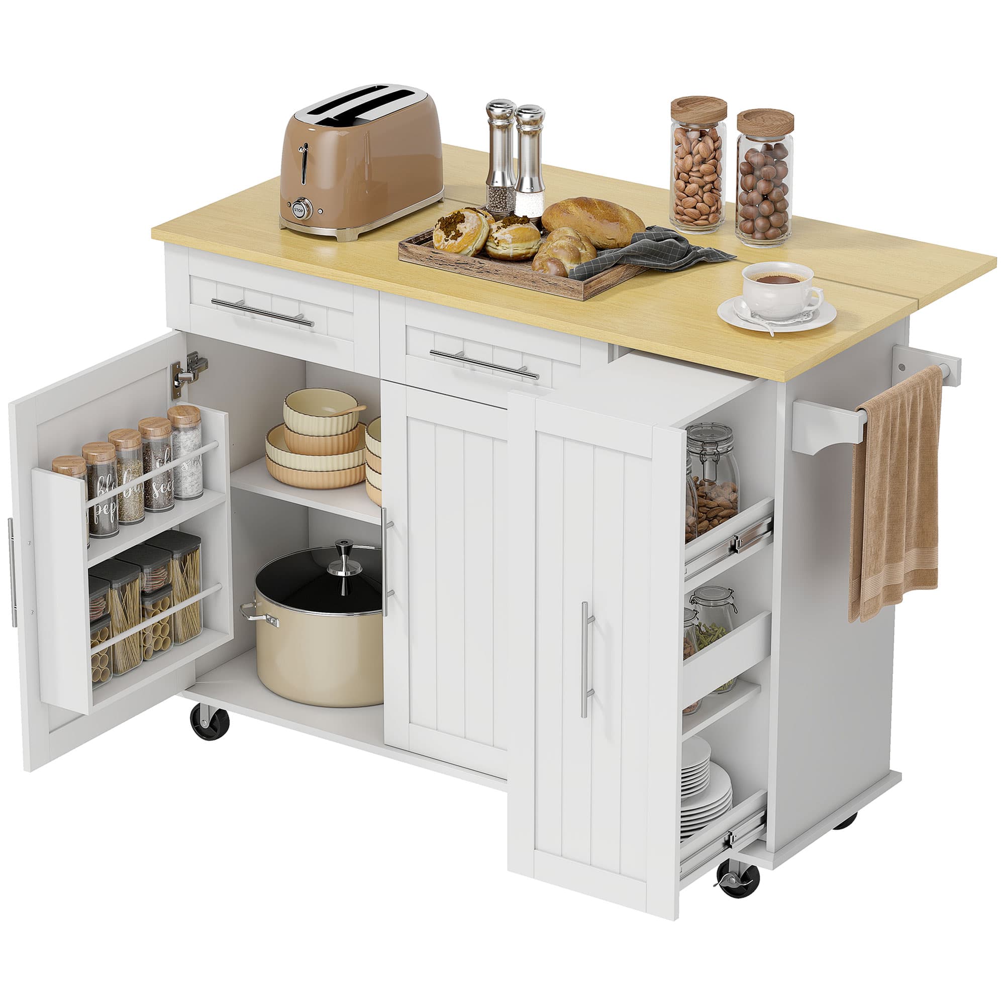 HOMCOM Îlot de cuisine mobile, surface extensible, portes d'armoire, tiroirs, porte-serviettes, chariot de cuisine en MDF, Blanc