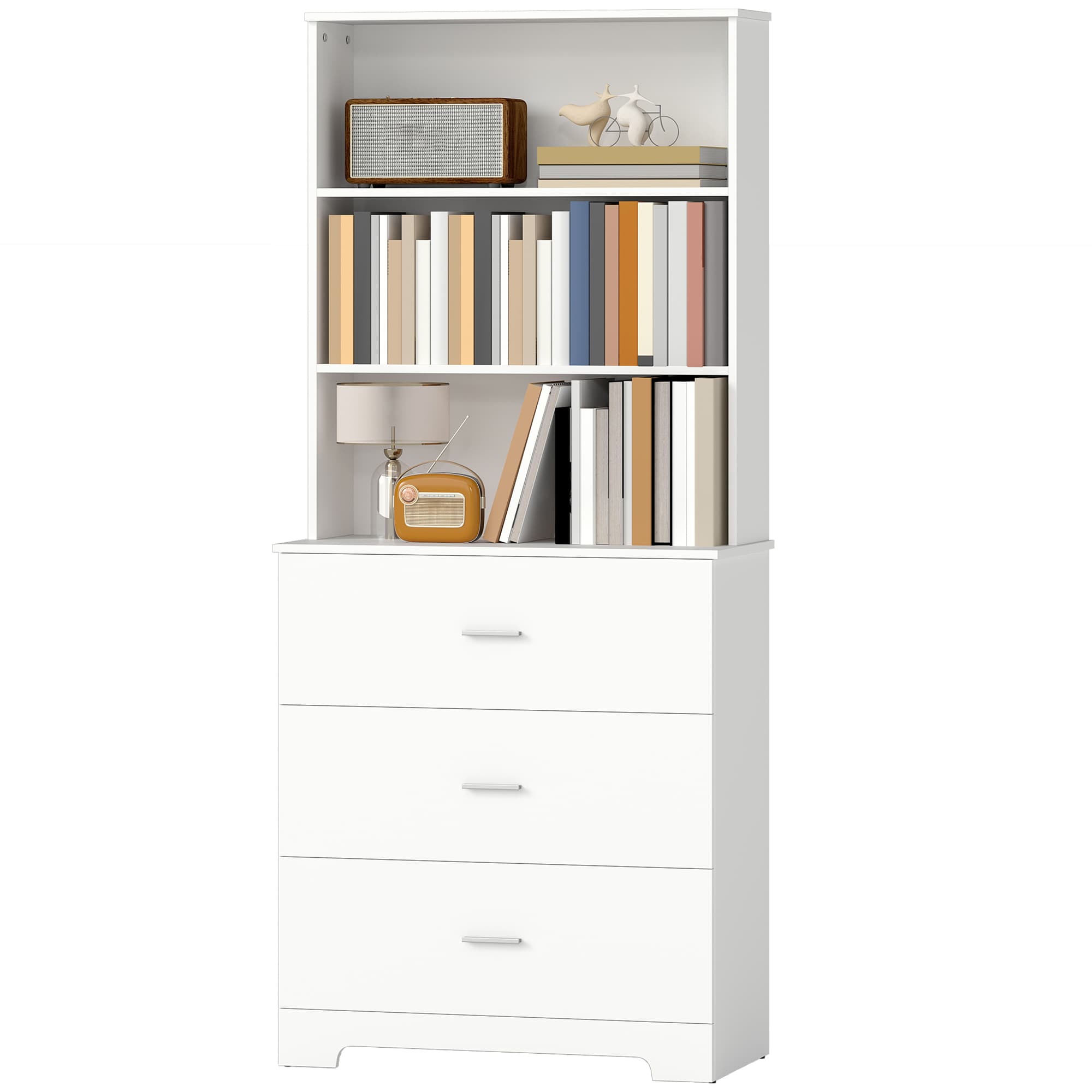 HOMCOM Bibliothèque armoire haute vitrine avec 3 tiroirs, 3 étagères ouvertes, pour salon et cuisine, 79x39,5x180 cm, blanc