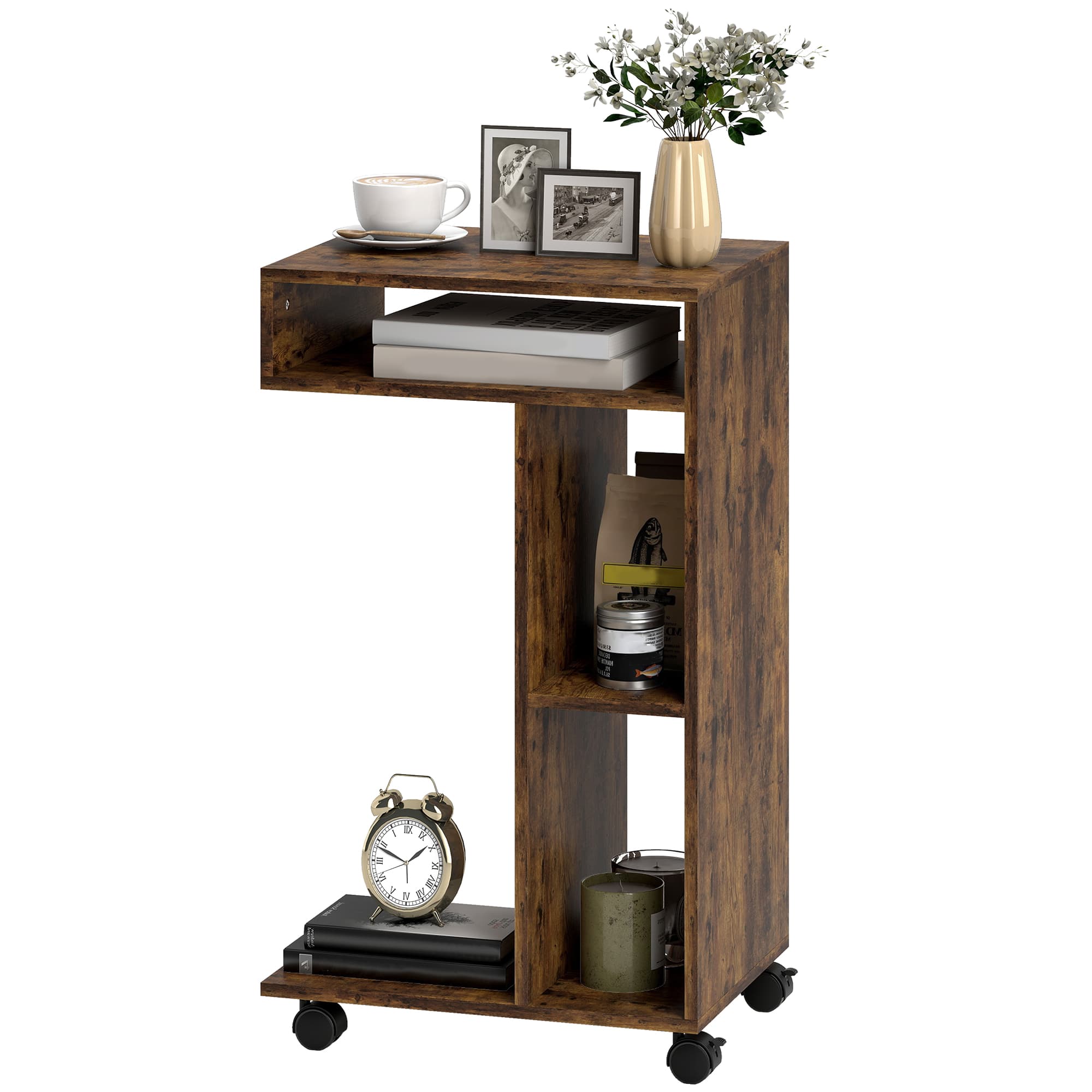 HOMCOM Table d'appoint, chariot en C, 4 roulettes, 3 compartiments, 40 x 30 x 69 cm, Brun rustique