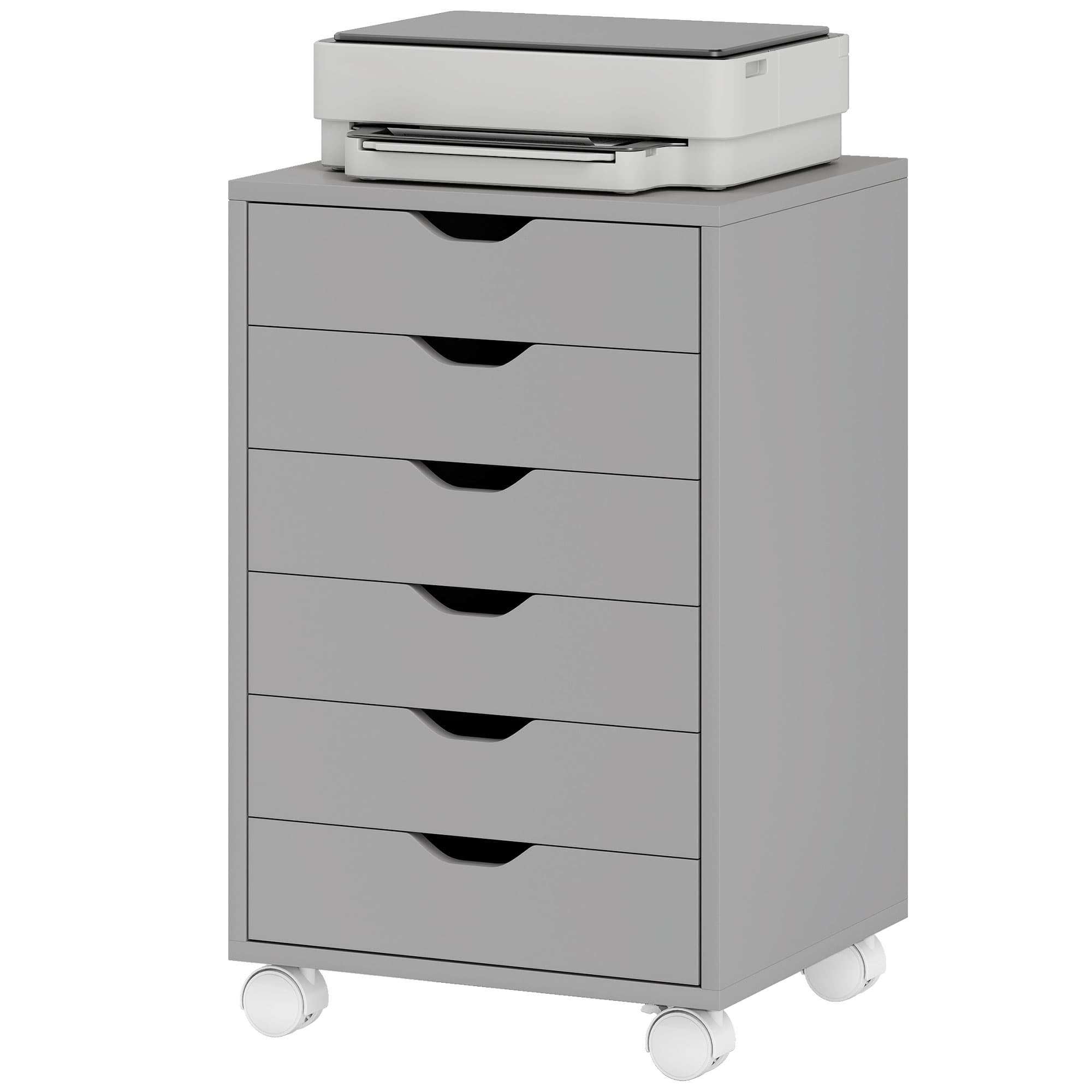 HOMCOM Caisson de bureau Classeur mobile avec 6 tiroirs Roulettes Glissières silencieuses pour bureau maison Gris