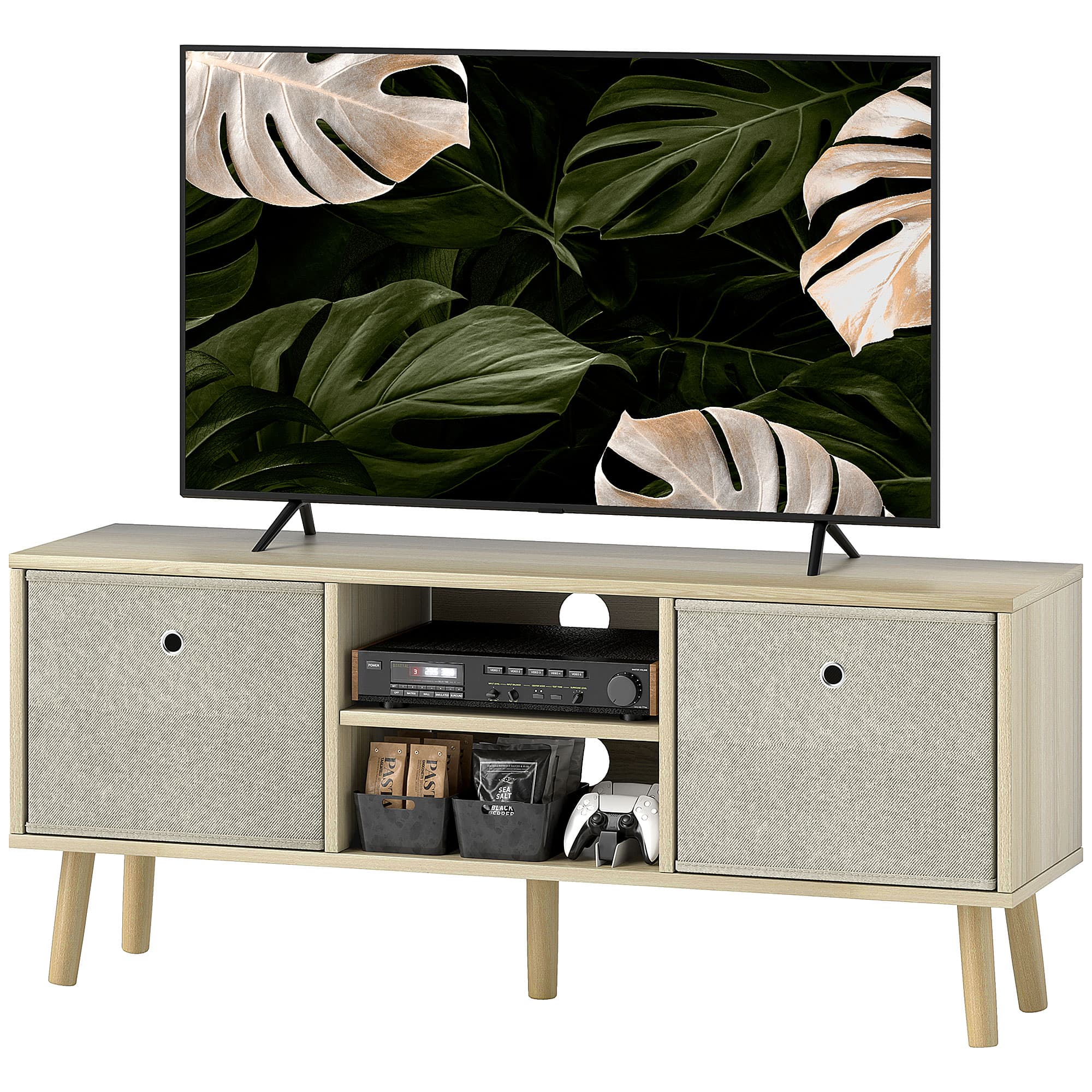 HOMCOM Meuble TV pour téléviseurs jusqu'à 127 cm avec 2 tiroirs en tissu et étagères ouvertes Bois et Beige