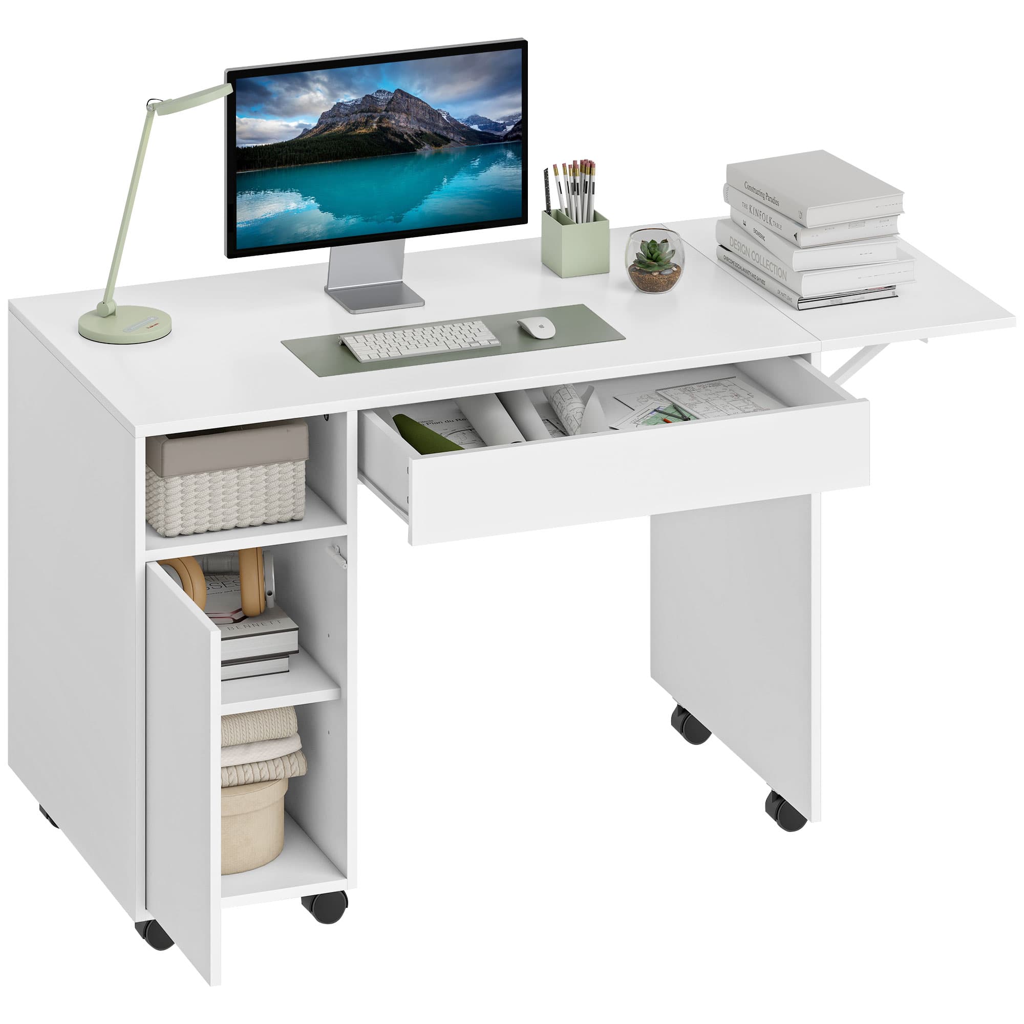 HOMCOM Bureau roulant, bureau pliant avec armoire et tiroir, panneau de particules, Blanc