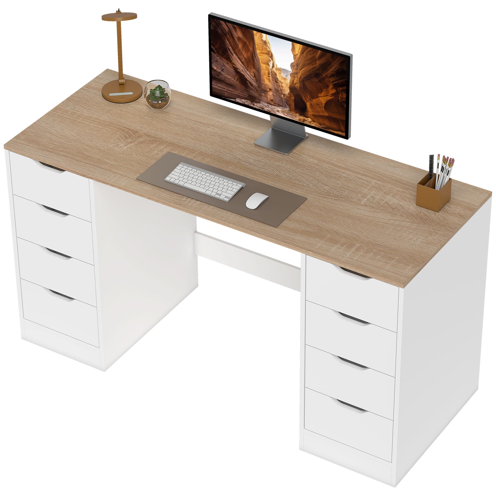 HOMCOM Bureau 140 cm, 8 tiroirs, bureau pour home office, chambre, acier, bois, blanc