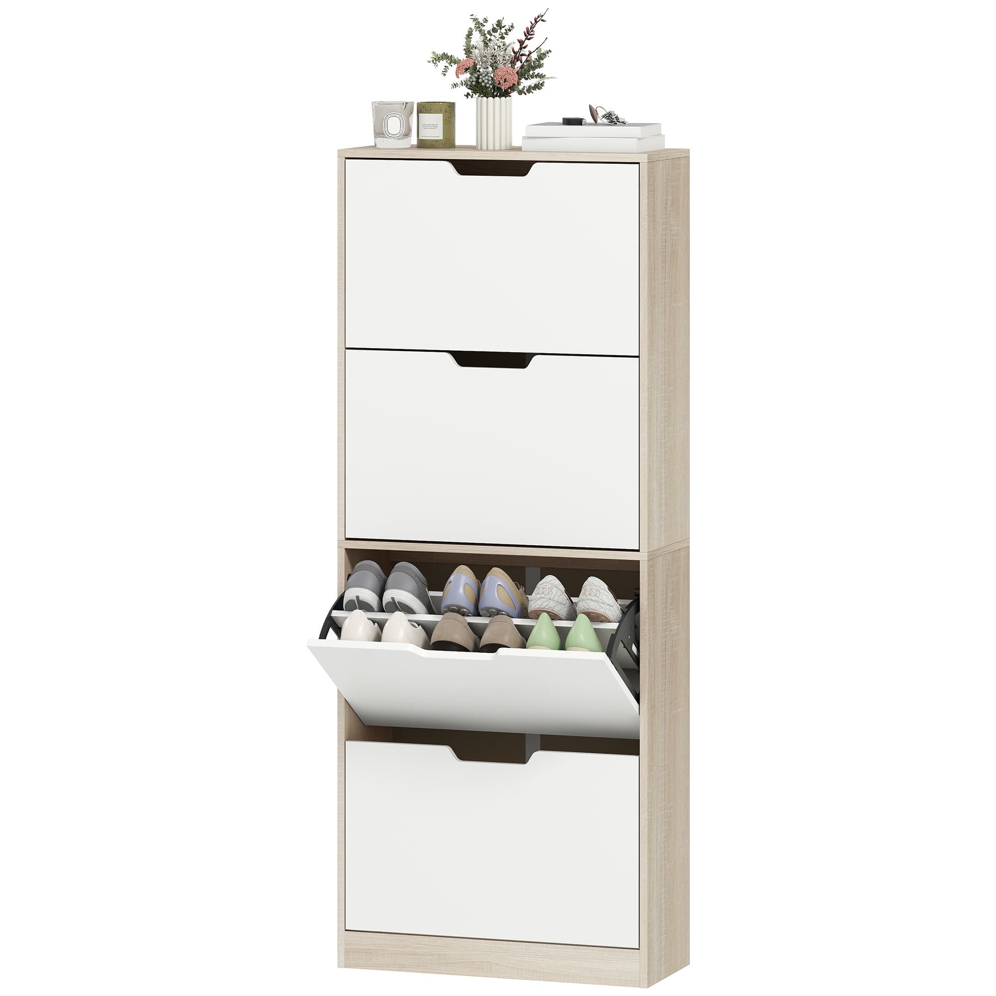 HOMCOM Meuble à chaussures gain de place Slim à 4 tiroirs pour 20 paires de chaussures 62.5x26x156 cm, couleur Bois et Blanc