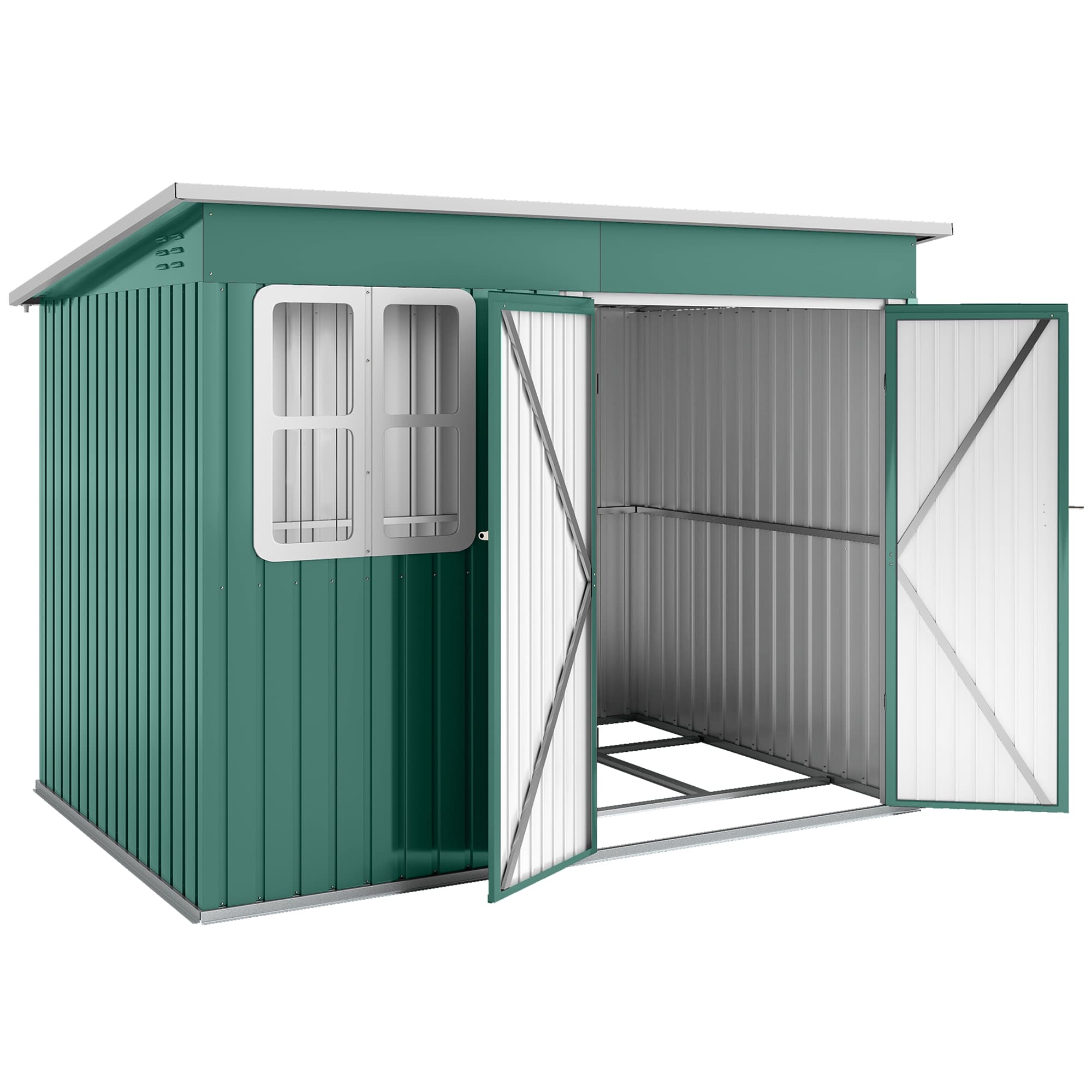 Outsunny Abri métallique de rangement pour outils de jardin, avec fenêtre, porte large, 260 x 177 x 190 cm, Vert