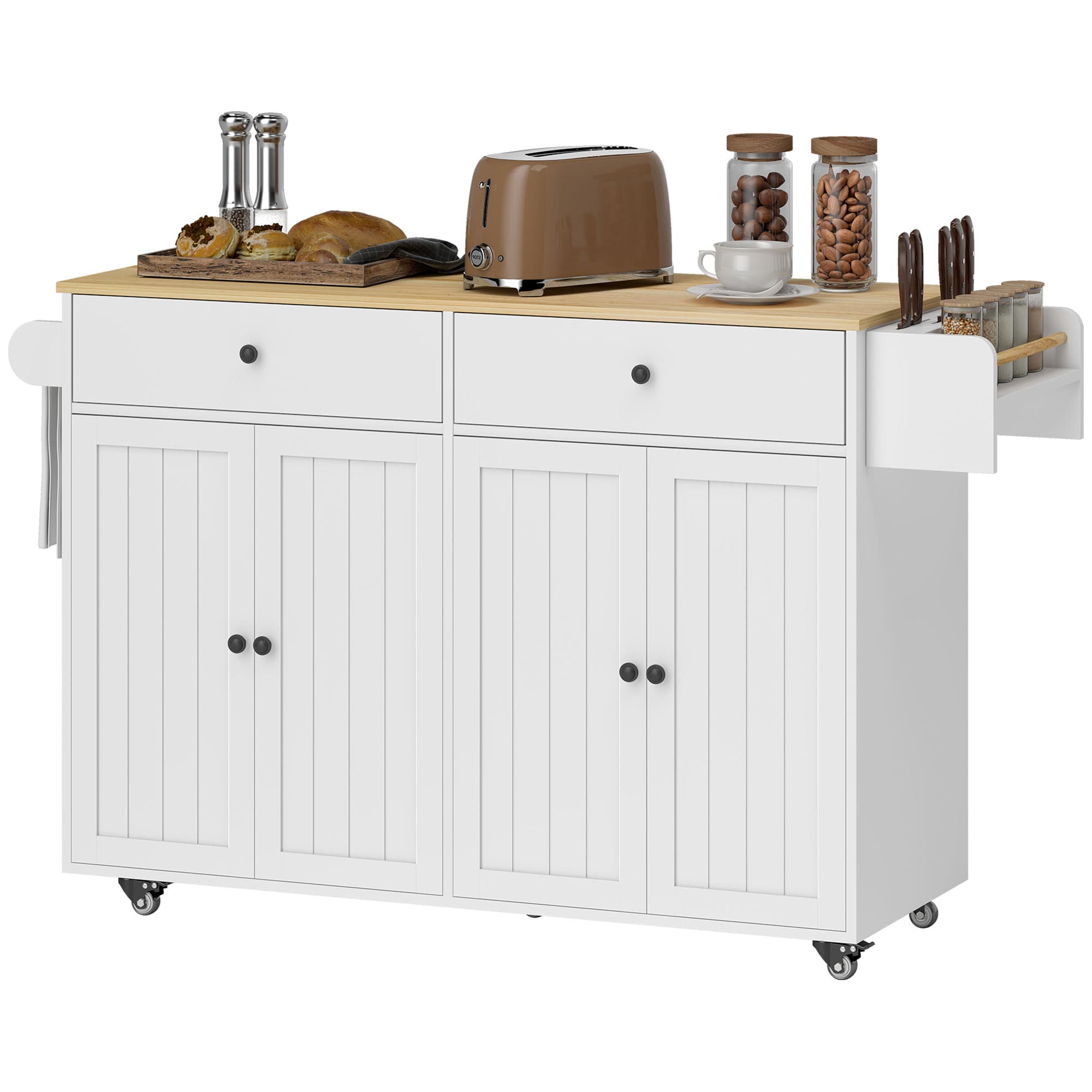 HOMCOM Îlot de cuisine roulant, 2 tiroirs, 2 armoires, déplaçable, étagère à épices, porte-serviette, porte-couteaux, MDF, blanc