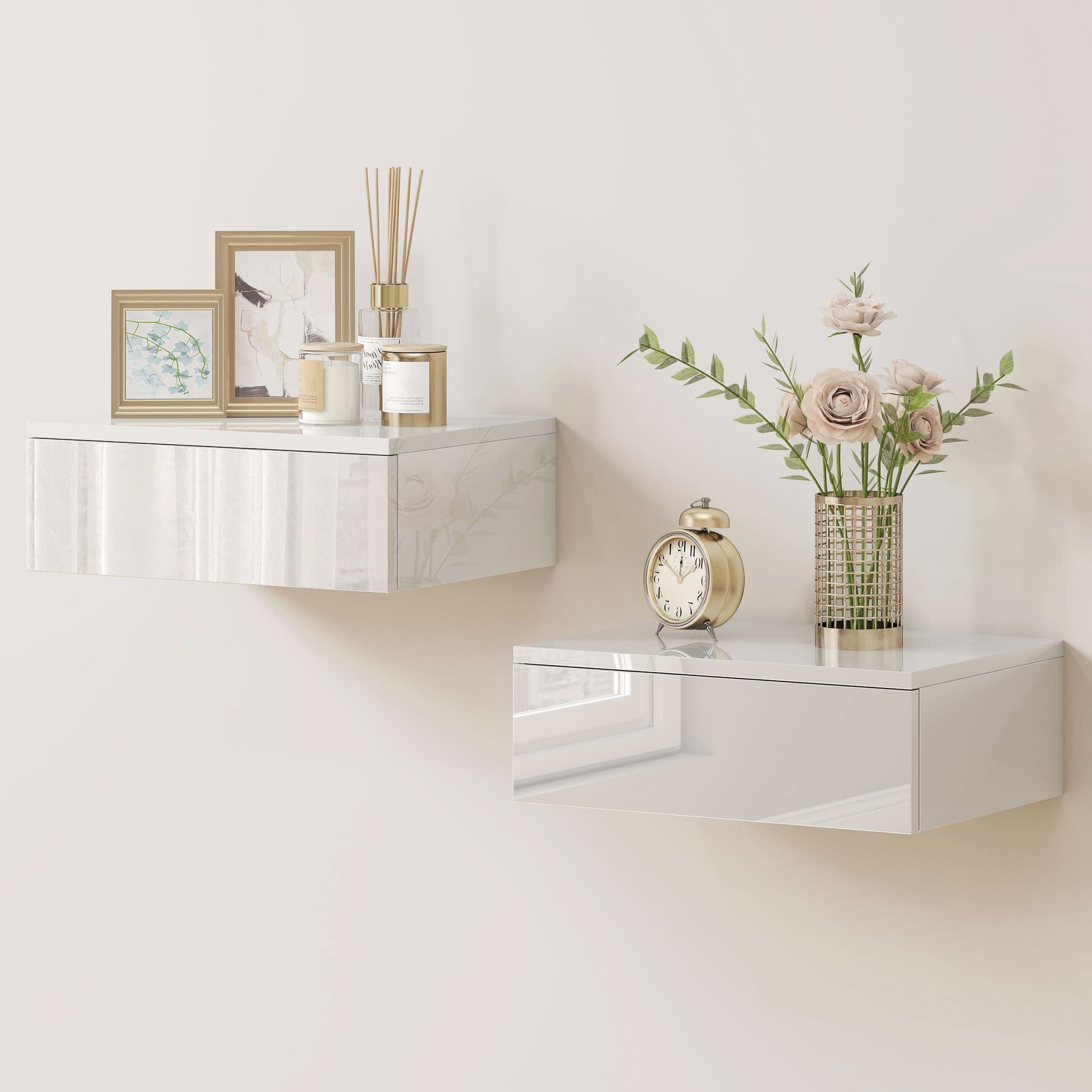 HOMCOM Lot de 2 tables de chevet, design mural, tiroir, pour chambre, panneau de particules, Blanc