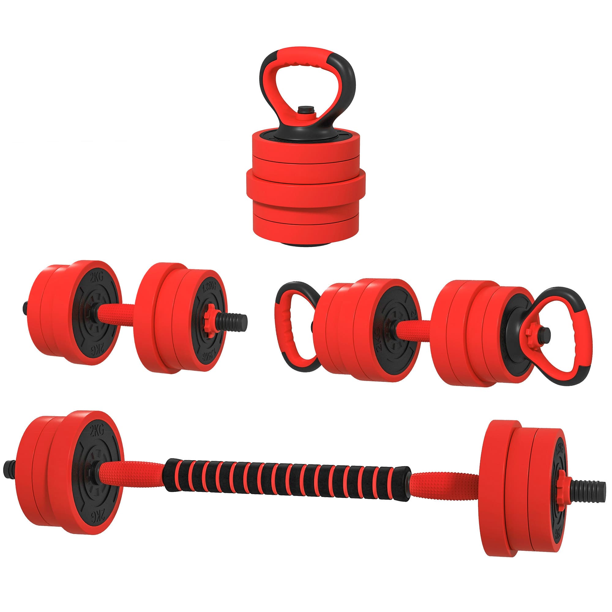 SPORTNOW Set de poids 4 en 1 30kg, convertible en kettlebell, 2 haltères, barre et supports de pompes, Rouge