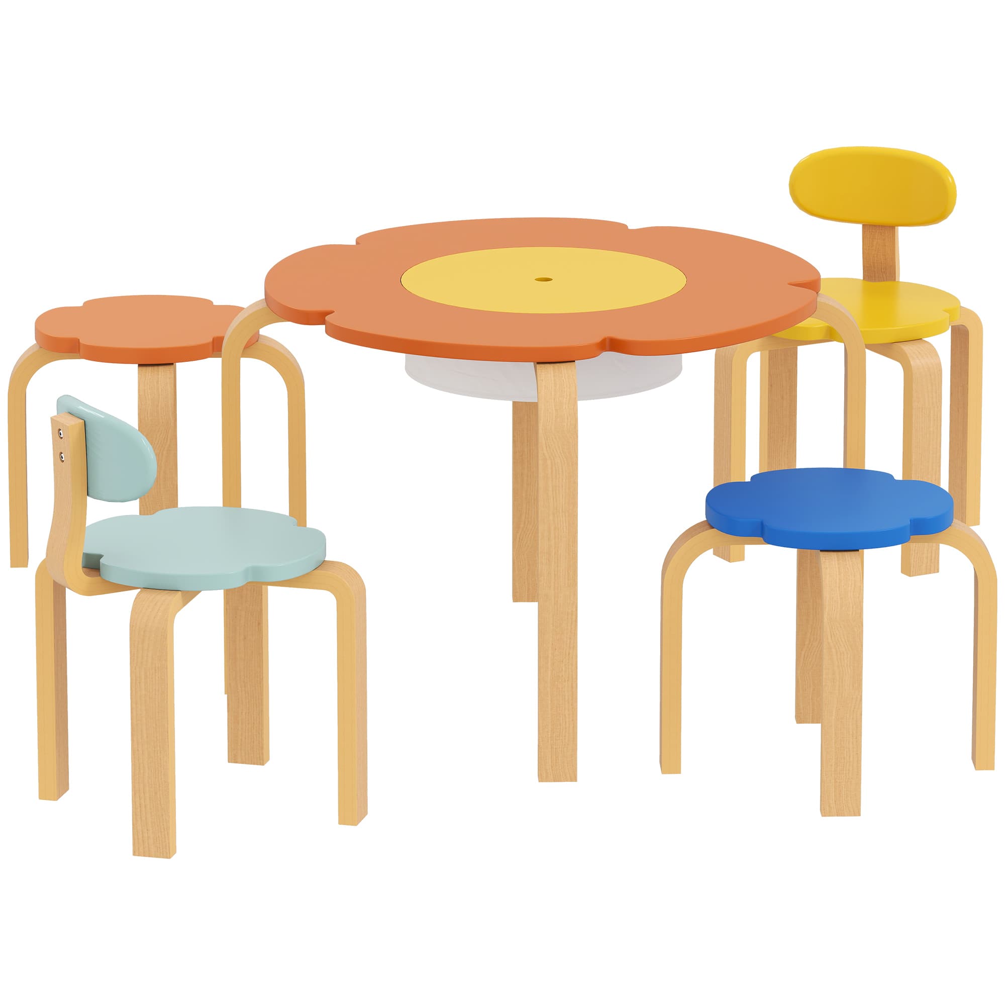 AIYAPLAY Ensemble table et chaises 5 pièces, avec pochette de rangement, forme de fleur, pour salle de jeux, chambre d'enfant, bois, multicolore