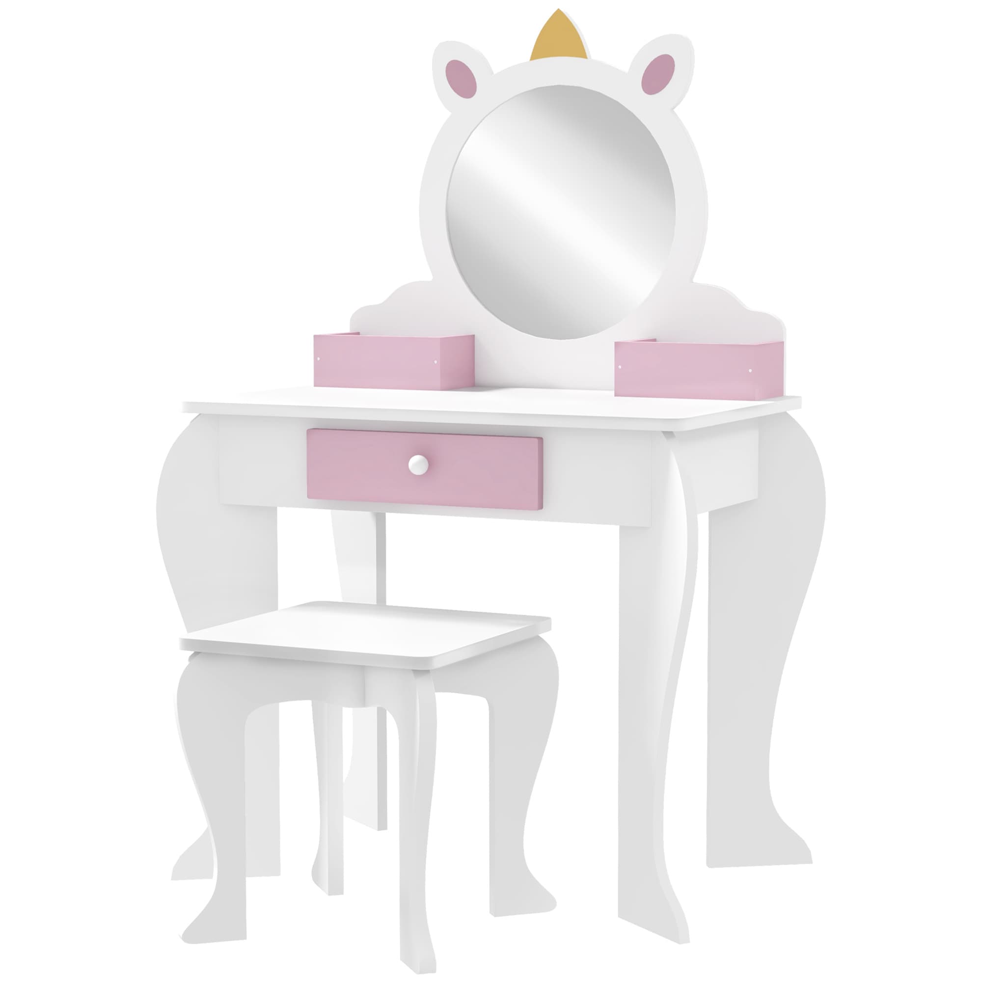 ZONEKIZ Coiffeuse enfant avec tabouret et miroir Coiffeuse pour filles avec tiroir compartiments design licorne blanc