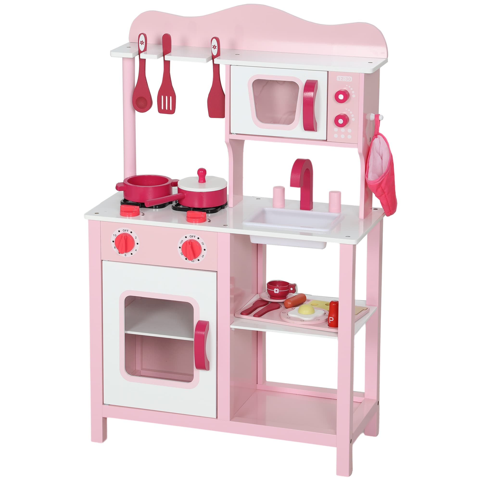 AIYAPLAY Cuisine jouet pour enfants 3+ ans avec micro-ondes, plaque de cuisson et évier, en bois, 55x24x86 cm, Rose