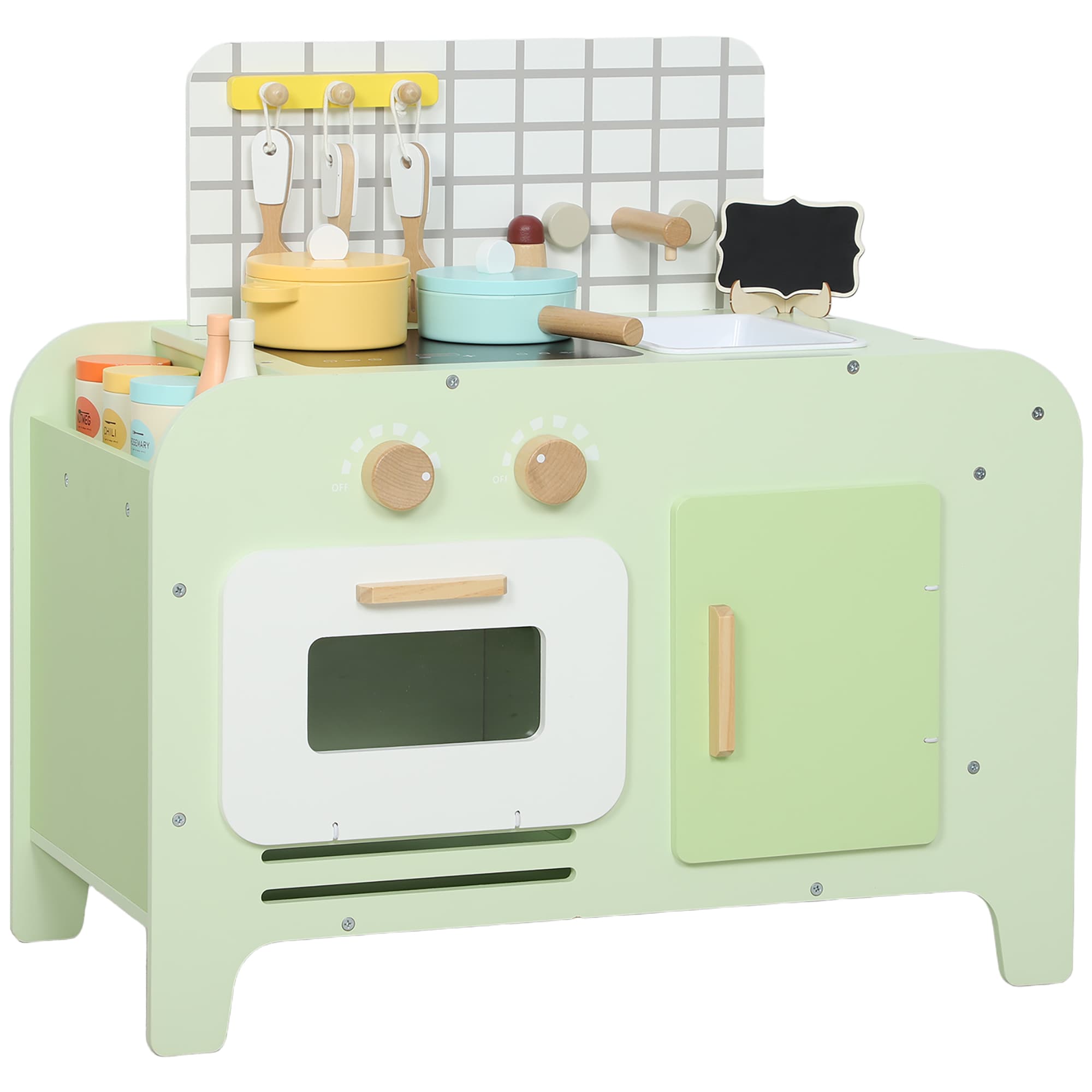 AIYAPLAY Set de cuisine pour enfants, MDF, 15 accessoires, placards, 40 cm, dès 3 ans, vert