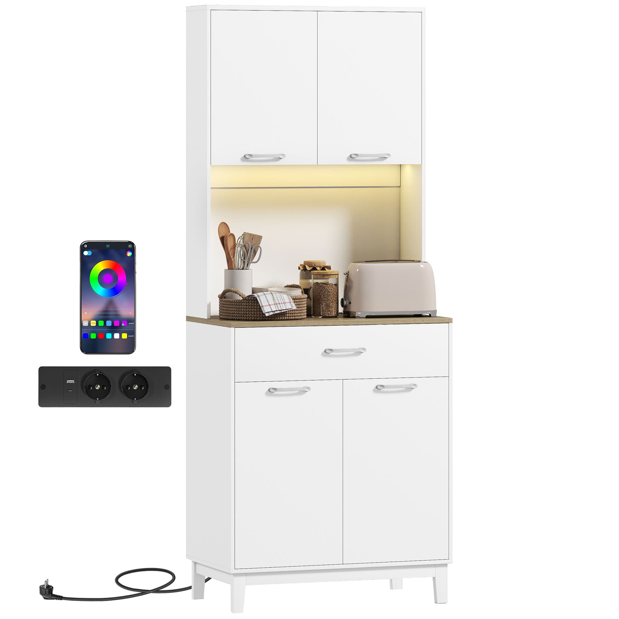 HOMCOM Buffet Moderne avec Lumières LED, Prises Électriques et USB, 2 Armoires et Tiroir, 71x40x180 cm, Blanc