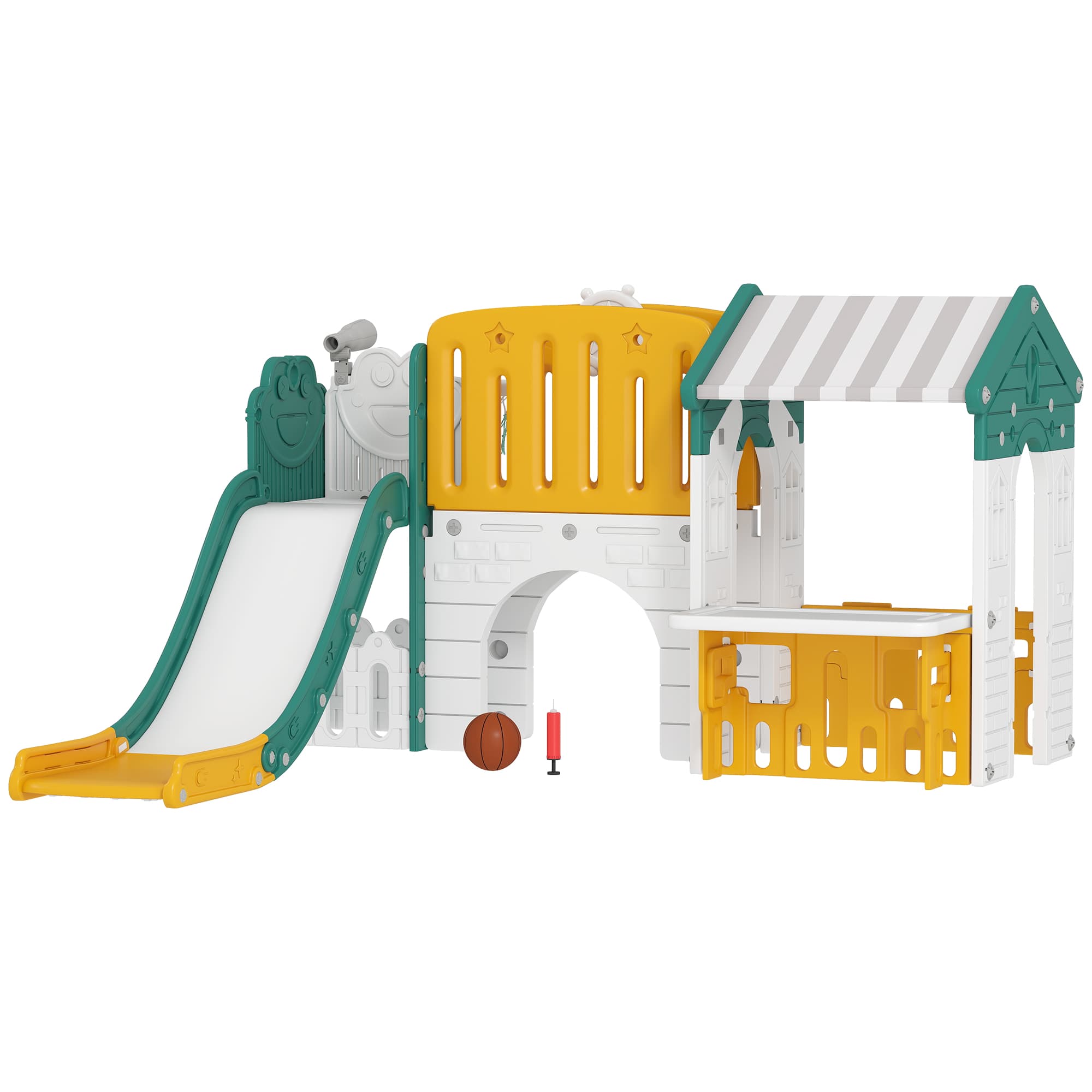 AIYAPLAY Toboggan 7-en-1, aire de jeu intérieure, structure d'escalade, maisonnette, tableau, panier de basket, 1-4 ans, plastique, Jaune+Vert