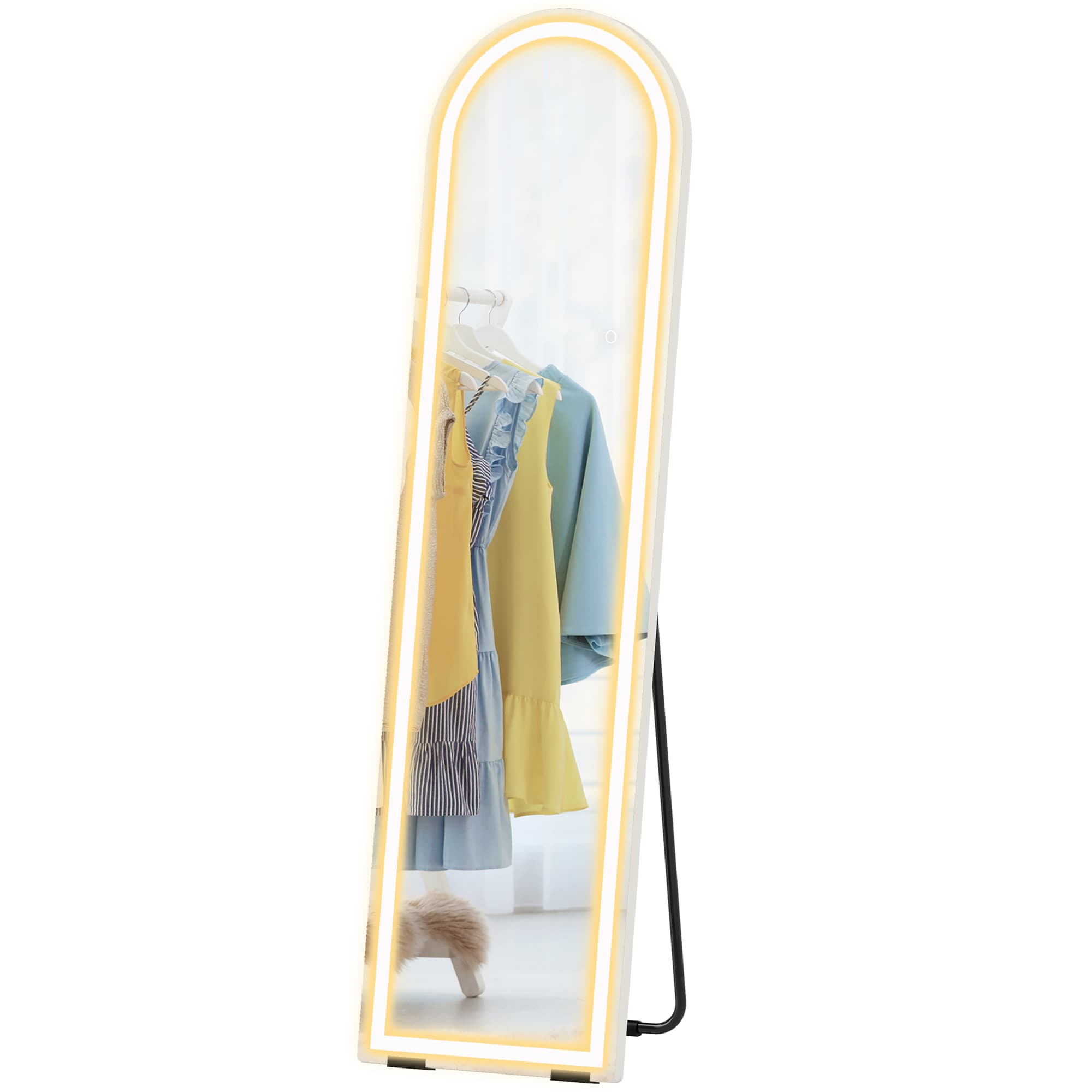 HOMCOM Miroir pleine longueur avec lumières LED, 150 x 40 cm, en arc, dimmable, 3 couleurs de lumière, sur pied ou fixation murale, Blanc