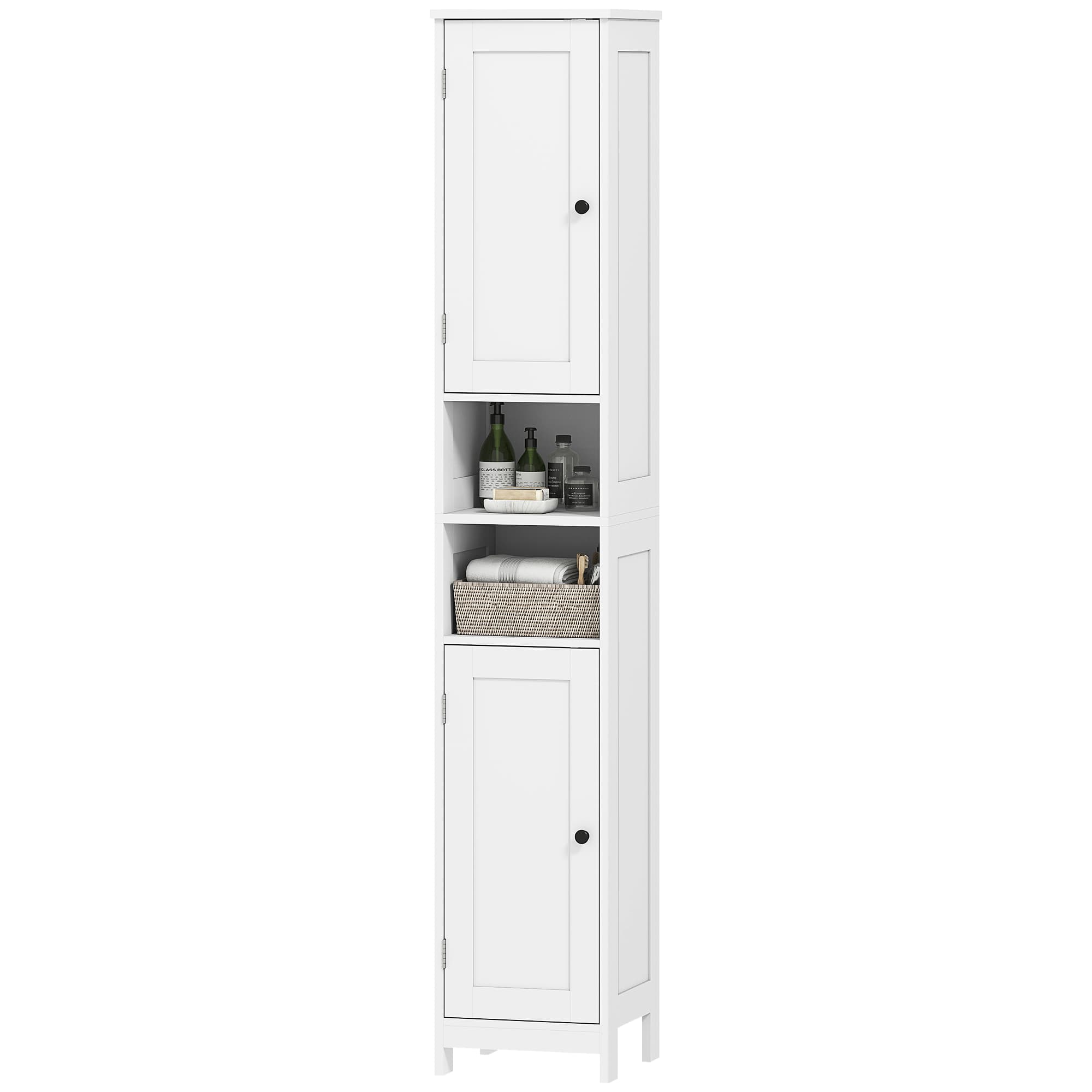 HOMCOM Colonne de Salle de Bain avec 2 Étagères Ouvertes et 2 Armoires avec Étagères Réglables, en Bois, 30x30x170 cm, Blanc