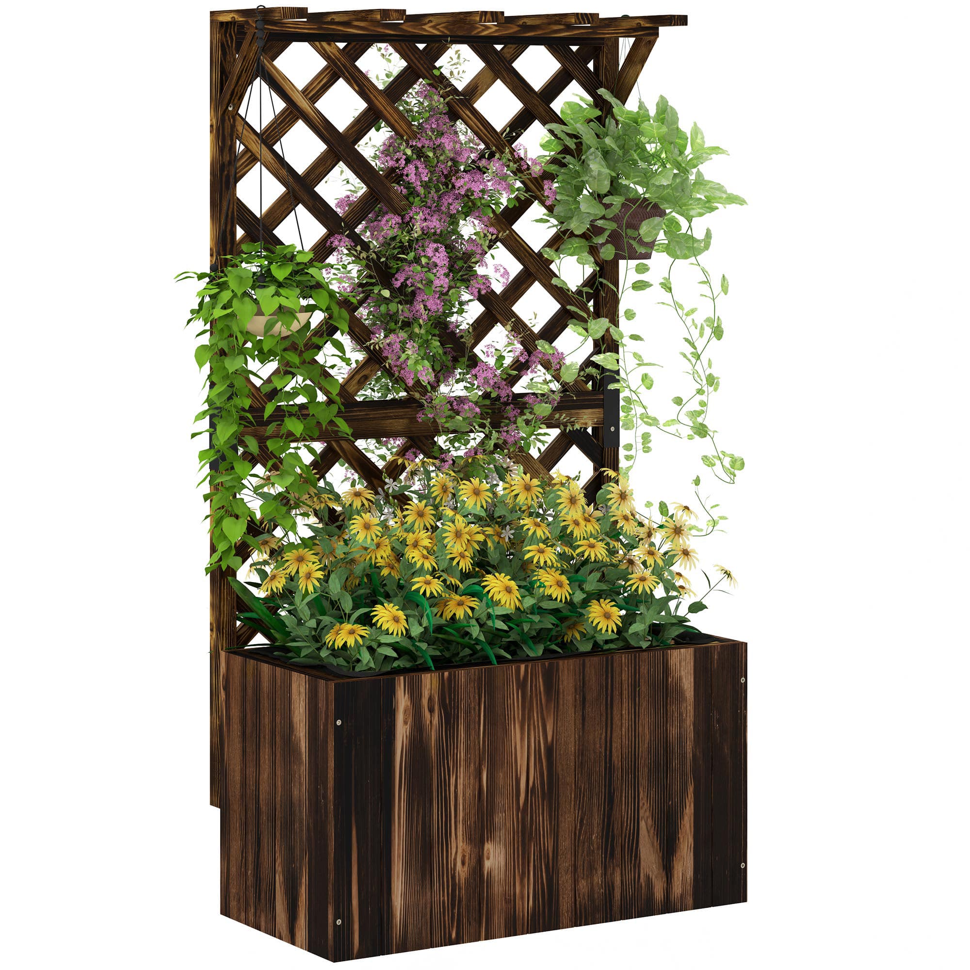 Outsunny Bac surélevé jardinière avec treillis, espalier jardinière en bois, treillis de jardin 64 x 33 x 122cm Carbonisé