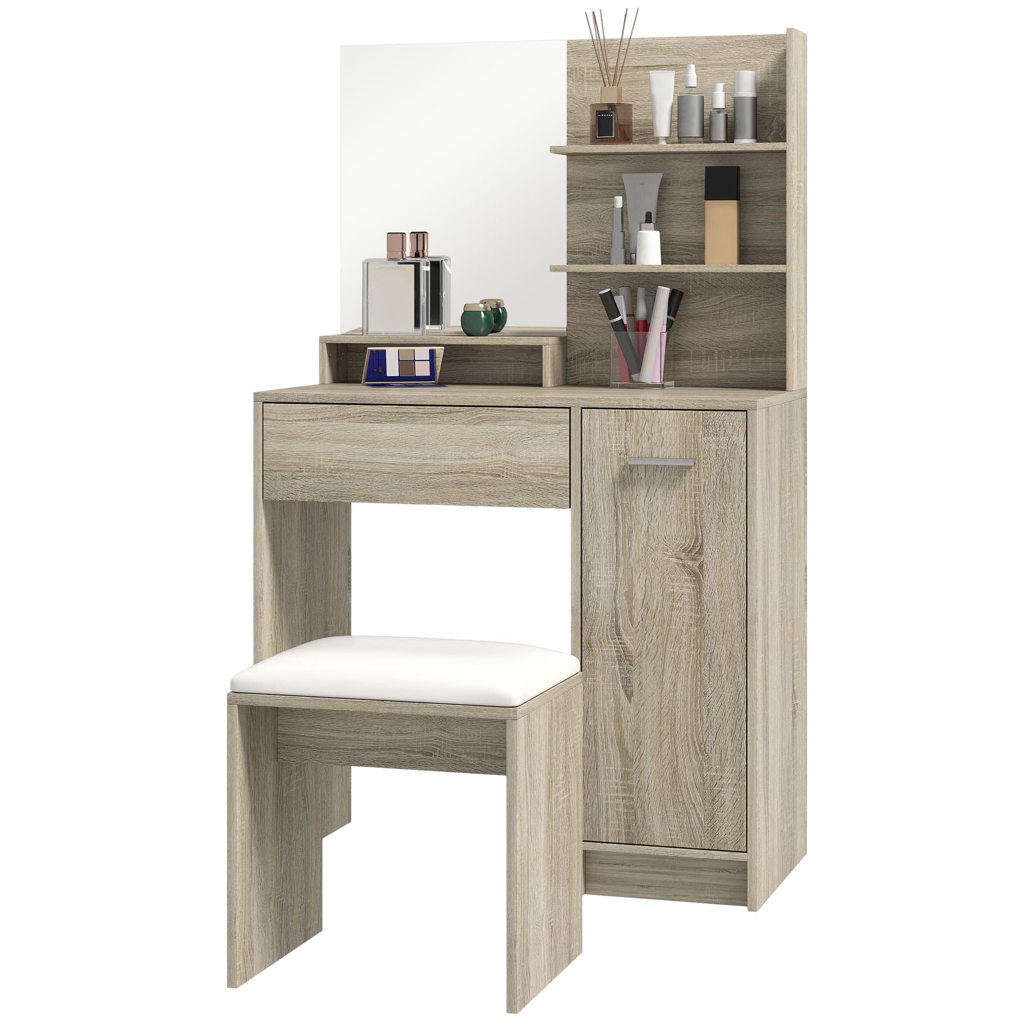 HOMCOM Coiffeuse de maquillage avec tabouret miroir étagères ouvertes tiroir et étagère réglable anti-basculement naturel et beige