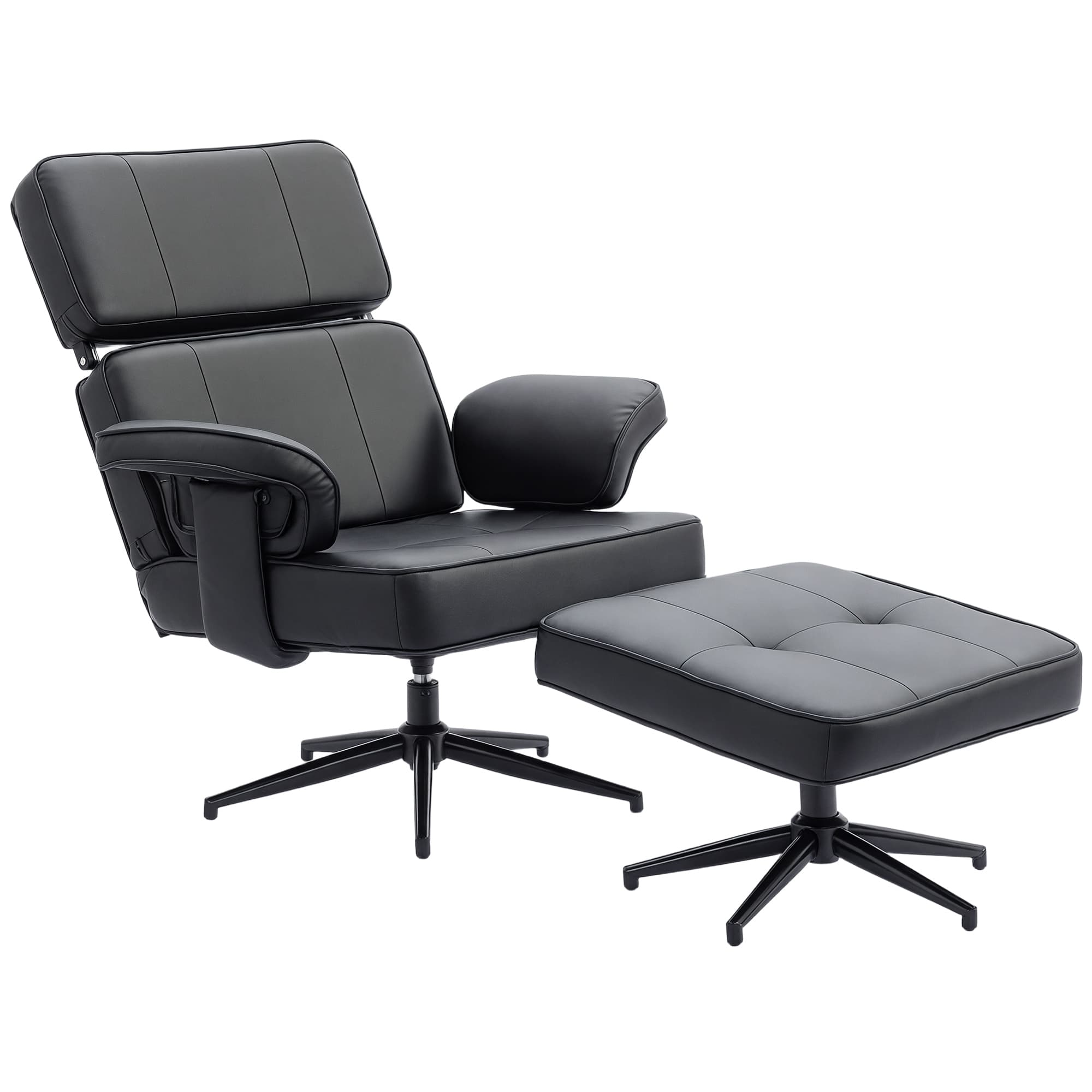 HOMCOM Fauteuil inclinable réglable avec repose-pieds, revêtement en simili cuir, appuie-tête réglable en hauteur, base métallique, Noir