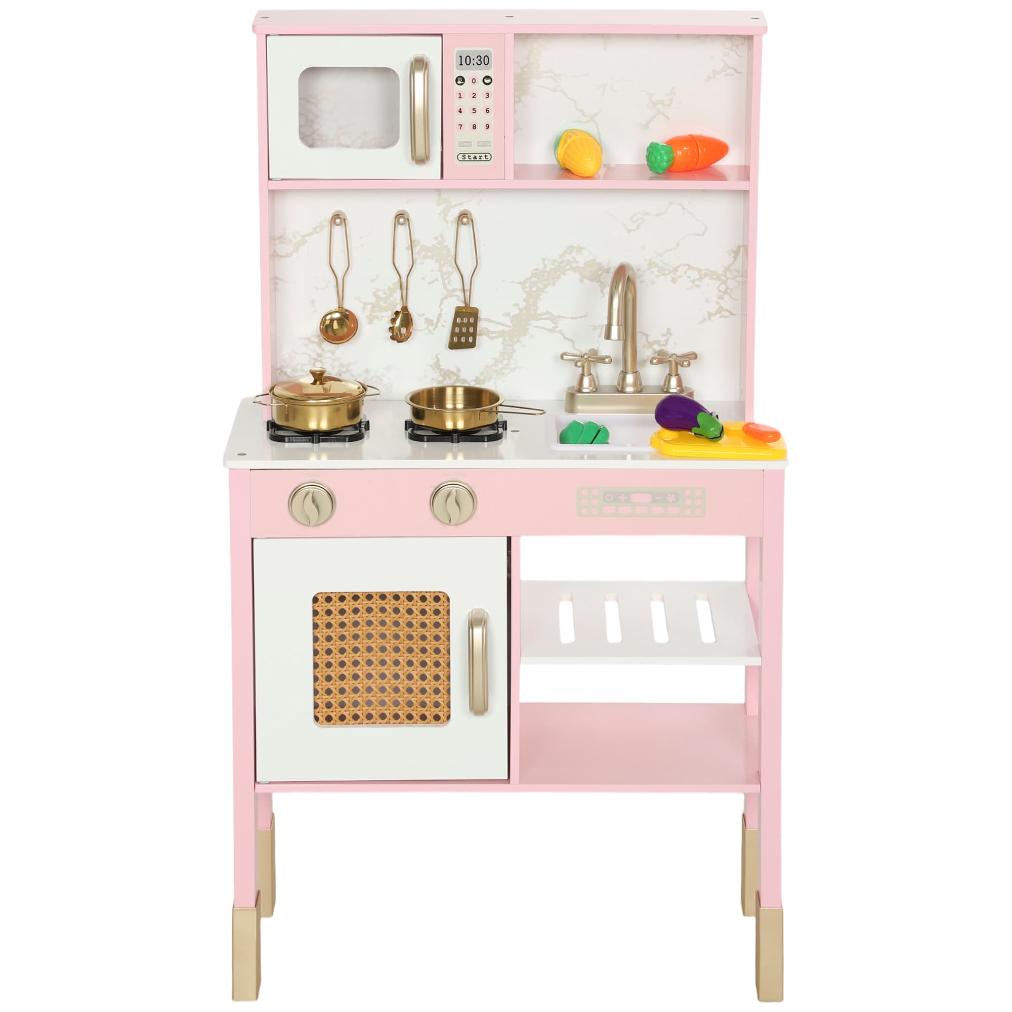 AIYAPLAY Cuisinette en bois avec son avec accessoires en acier inoxydable Légumes pour découper Rose