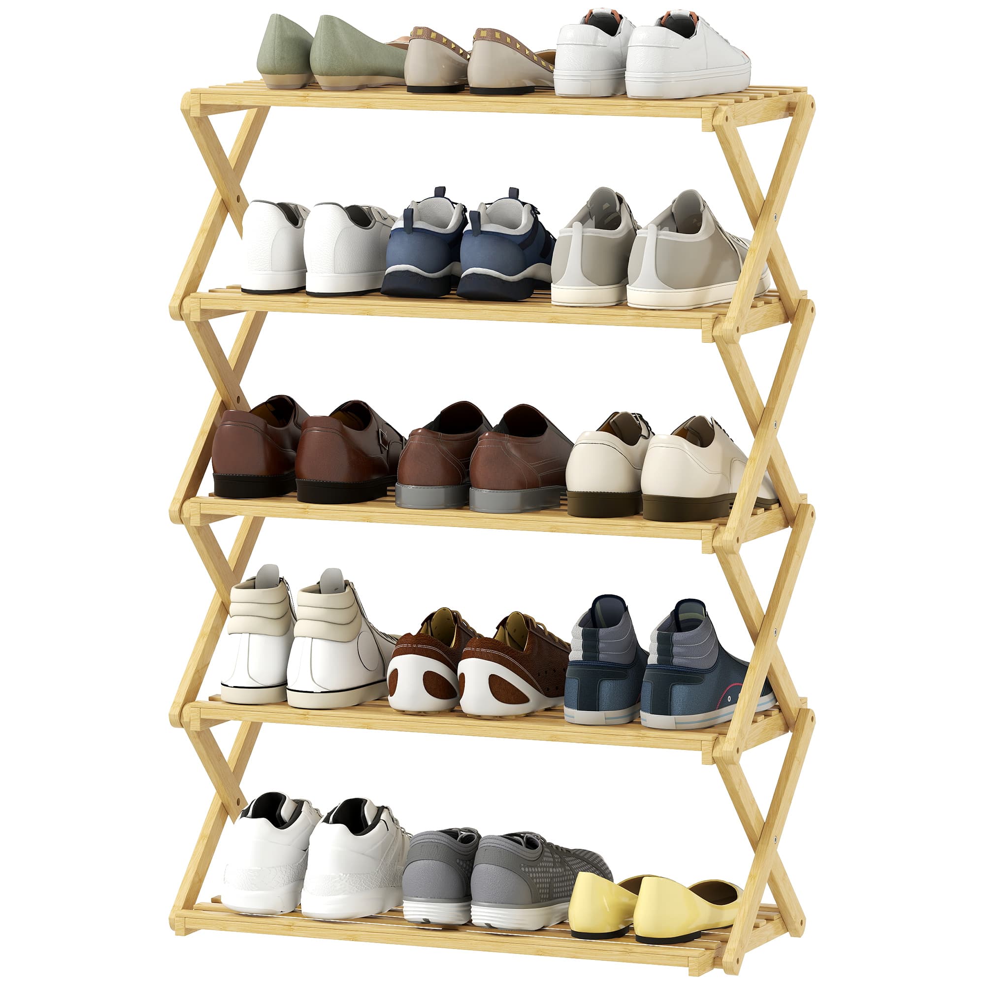 HOMCOM Range-chaussures étroit en bambou Range-chaussures vertical pliable à 5 niveaux Sans installation Natural