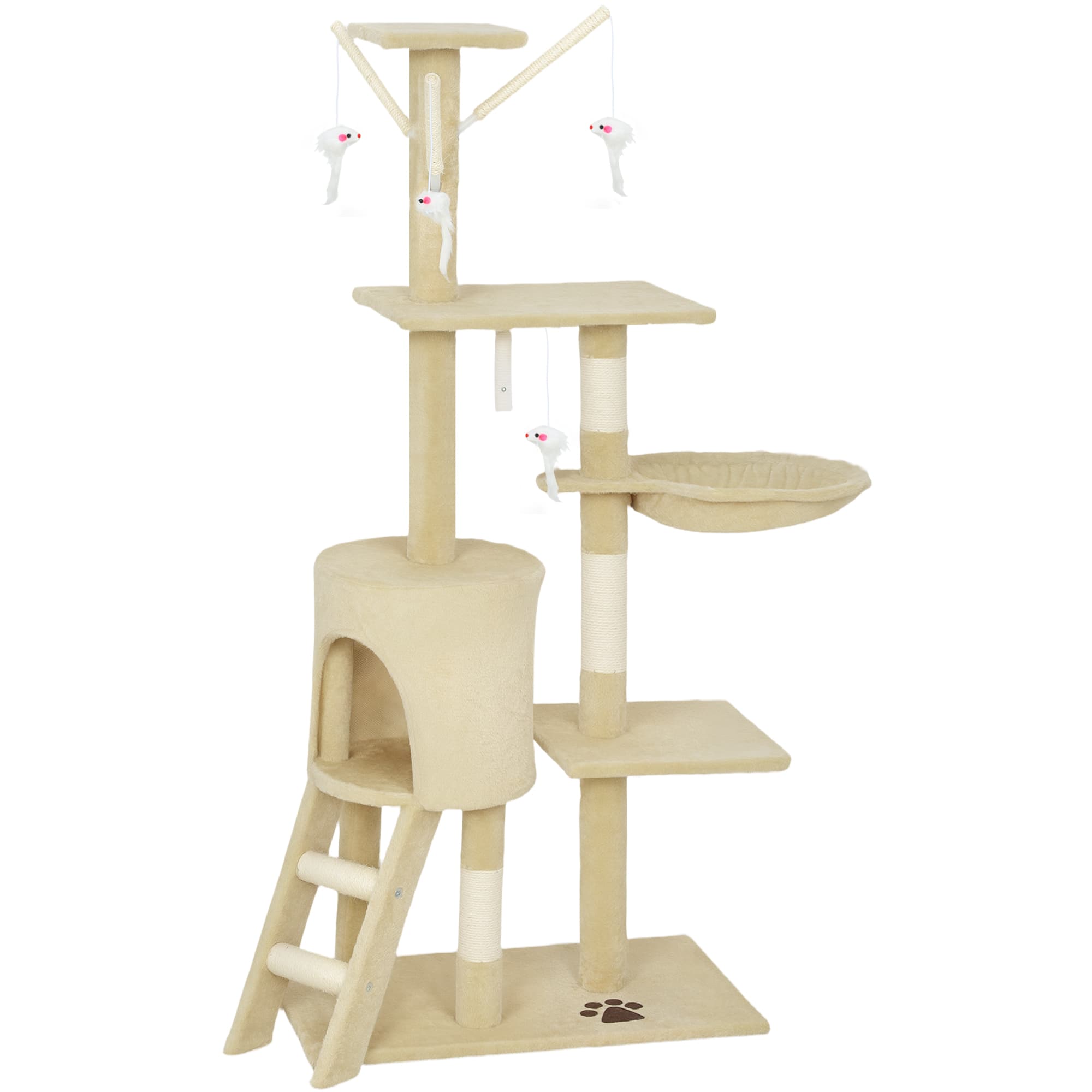 PawHut Arbre à chat avec cachette, 4 jouets, poteaux en sisal, grande plateforme, escalier, pour chats de moins de 5 kg, Beige