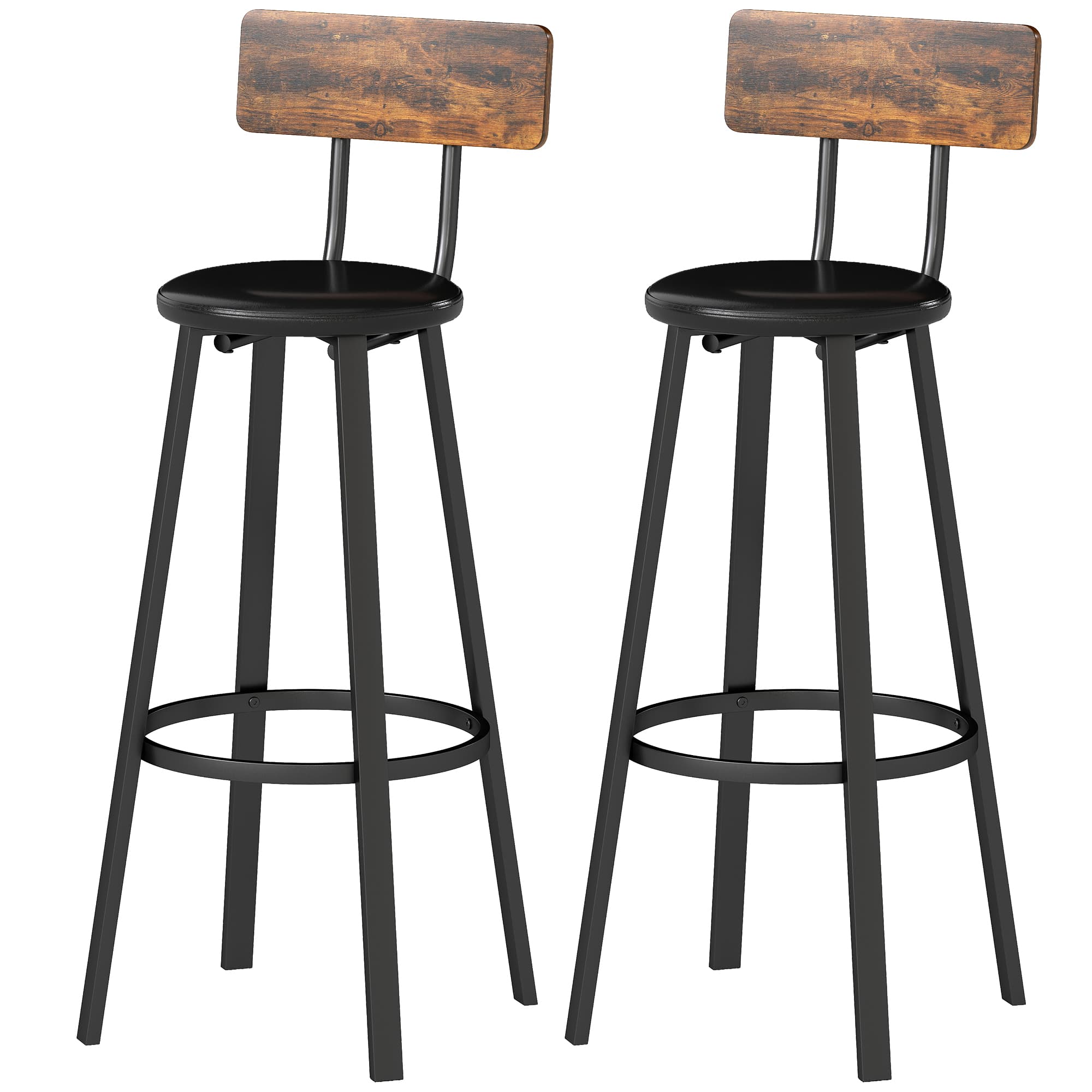 HOMCOM Lot de 2 Tabourets de Bar Style Industriel avec Dossier, Assise en Simili Cuir et Repose-pieds, Marron Rustique