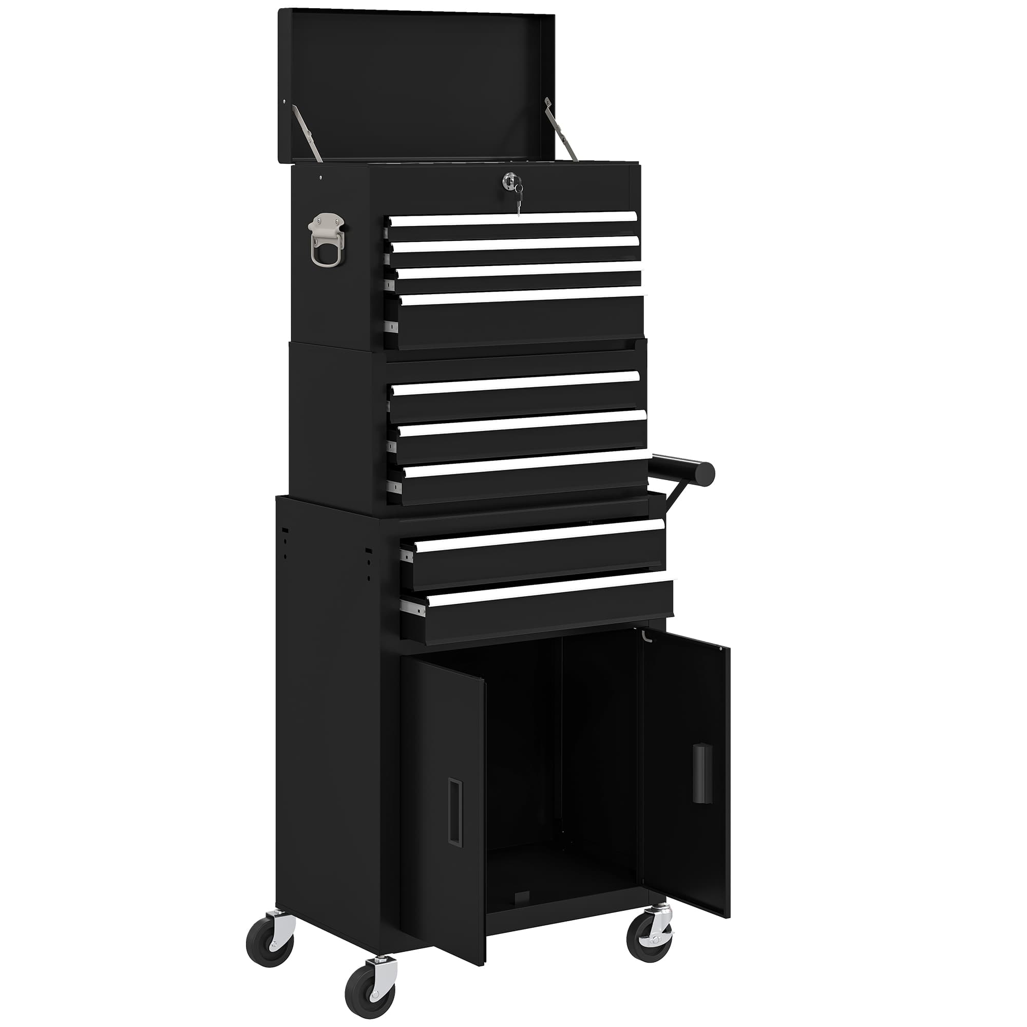 HOMCOM Coffre à outils 3-in-1, armoire à outils sur 4 roues, coffre verrouillable avec 9 tiroirs, acier, Noir
