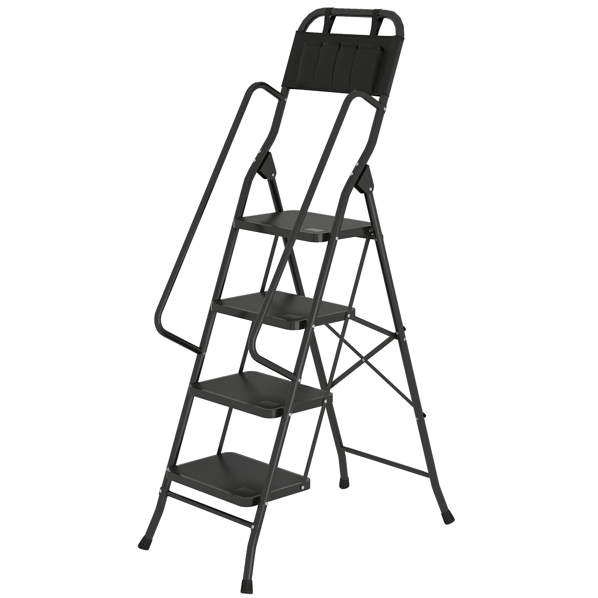 HOMCOM Escabeau pliant 4 marches avec poche à outils Escabeau à structure en ciseaux avec marches larges antidérapantes Noir