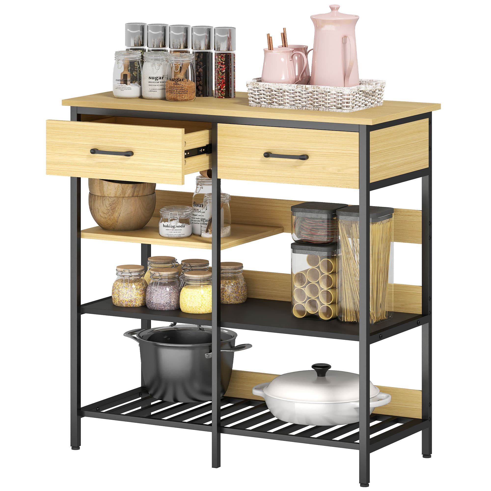 HOMCOM Buffet, commode avec 2 tiroirs, 3 étagères ouvertes meuble de cuisine pour cuisine, salon 90 x 40 x 91 cm, Bois naturel
