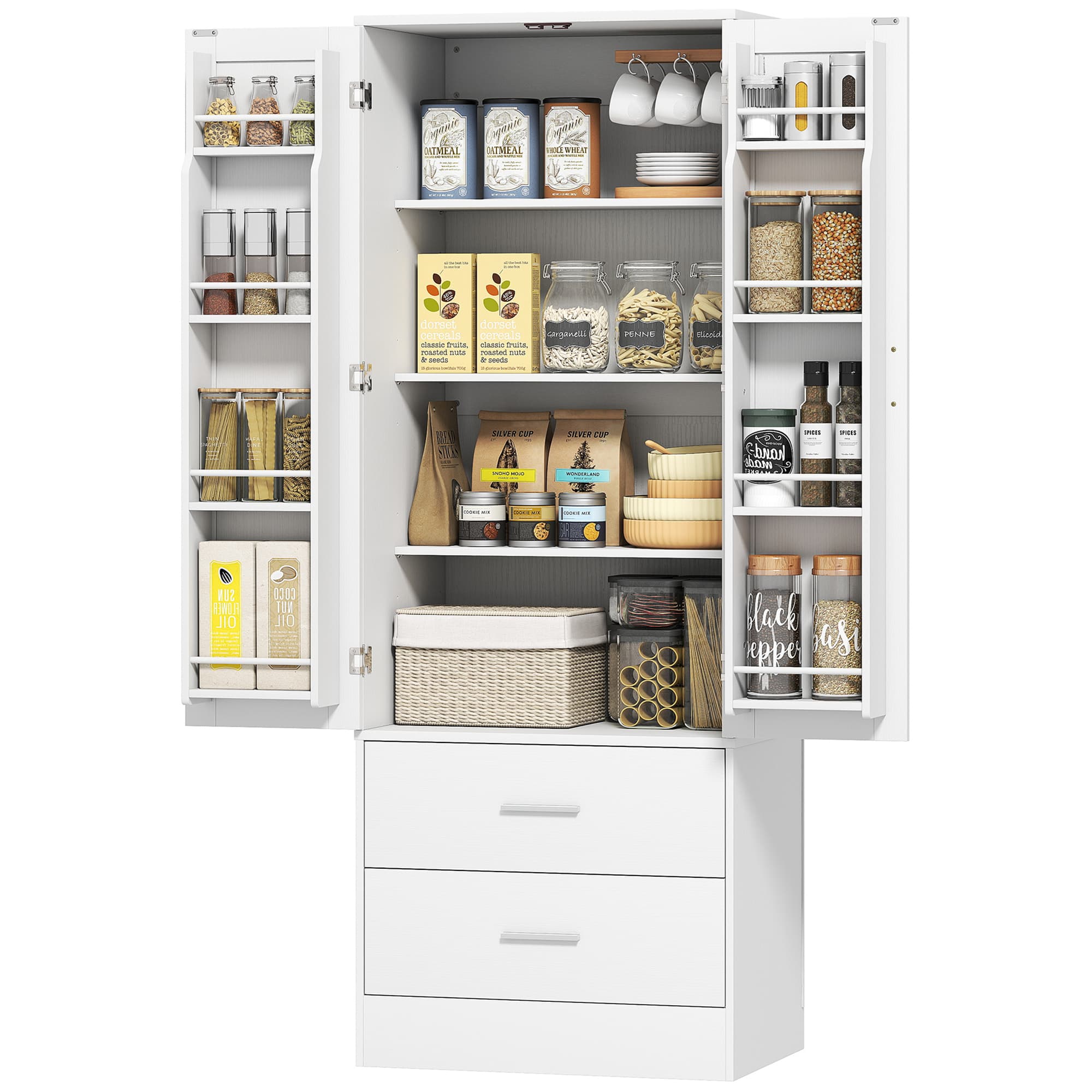 HOMCOM Armoire de cuisine 159 cm, étagères réglables, 2 tiroirs, pour cuisine, salle à manger, panneaux de particules, MDF, Blanc
