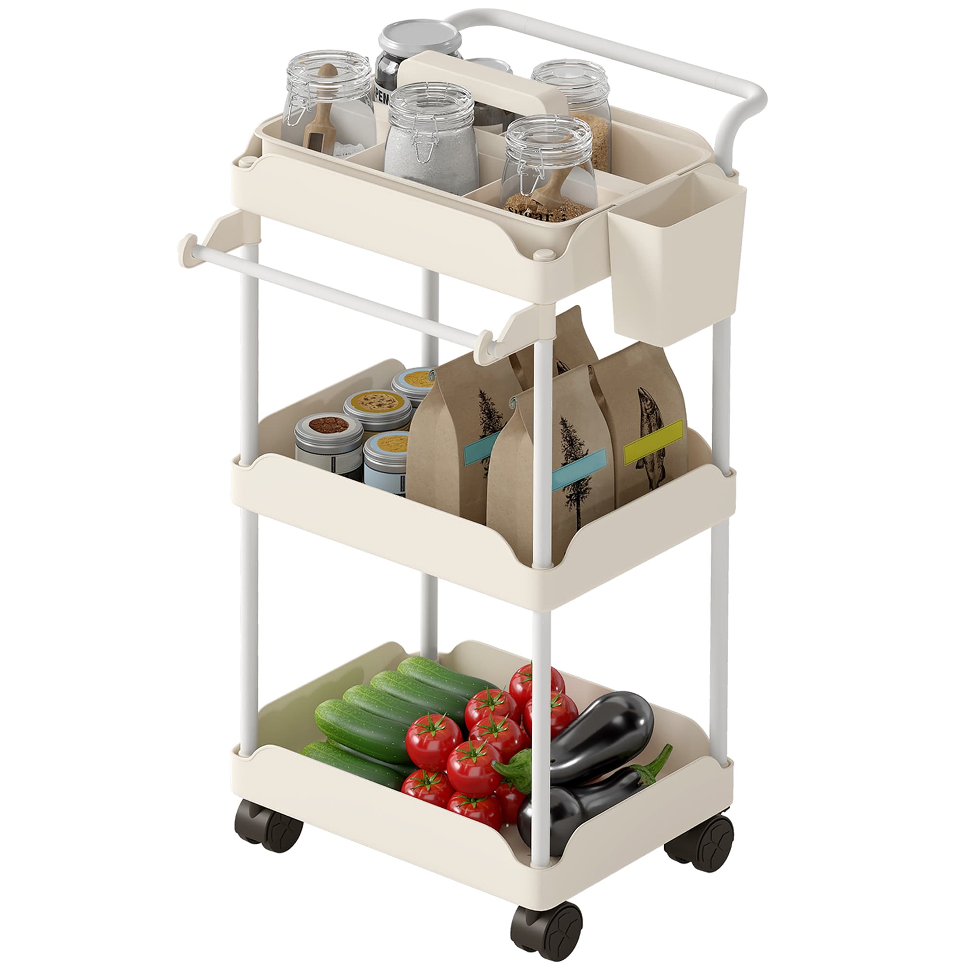 HOMCOM Desserte auxiliaire à roulettes 3 niveaux desserte de cuisine avec paniers amovibles et porte-serviettes blanc