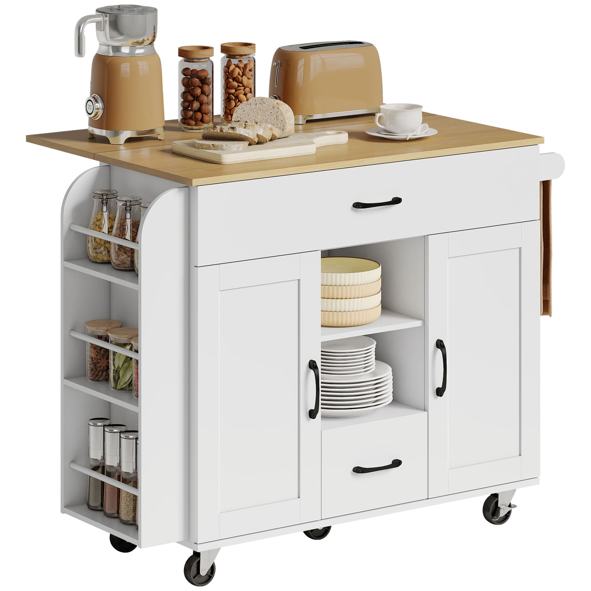 HOMCOM Îlot de cuisine roulant, plan de travail rabattable, portes d'armoire Soft-Close, tiroirs, porte-serviettes, MDF, Blanc