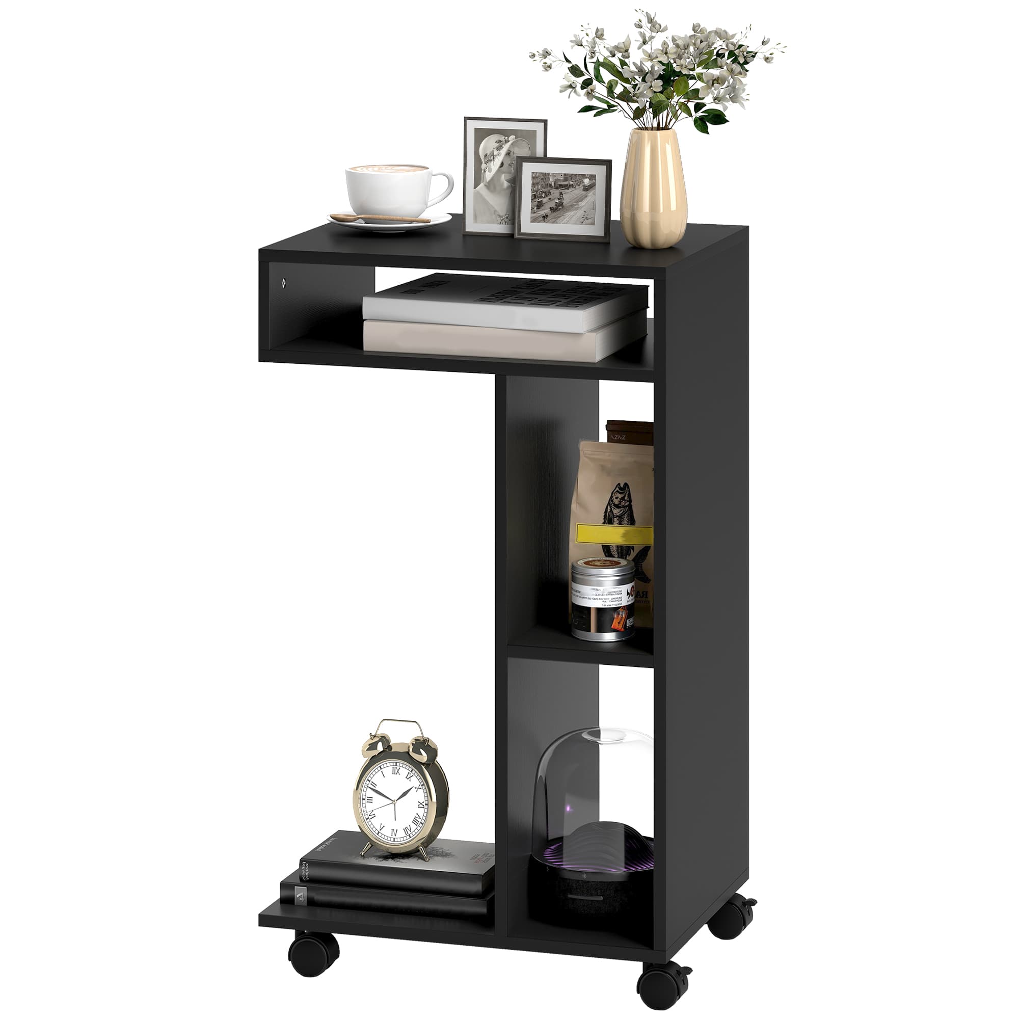 HOMCOM Table d'appoint, chariot de service en C, 4 roulettes, 3 compartiments, 40 x 30 x 69 cm, Noir