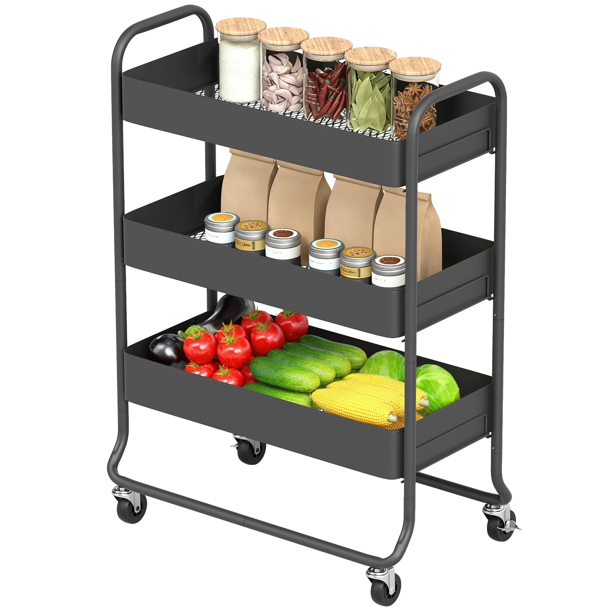 HOMCOM Chariot de cuisine, 3 paniers, 4 roulettes, métal, noir