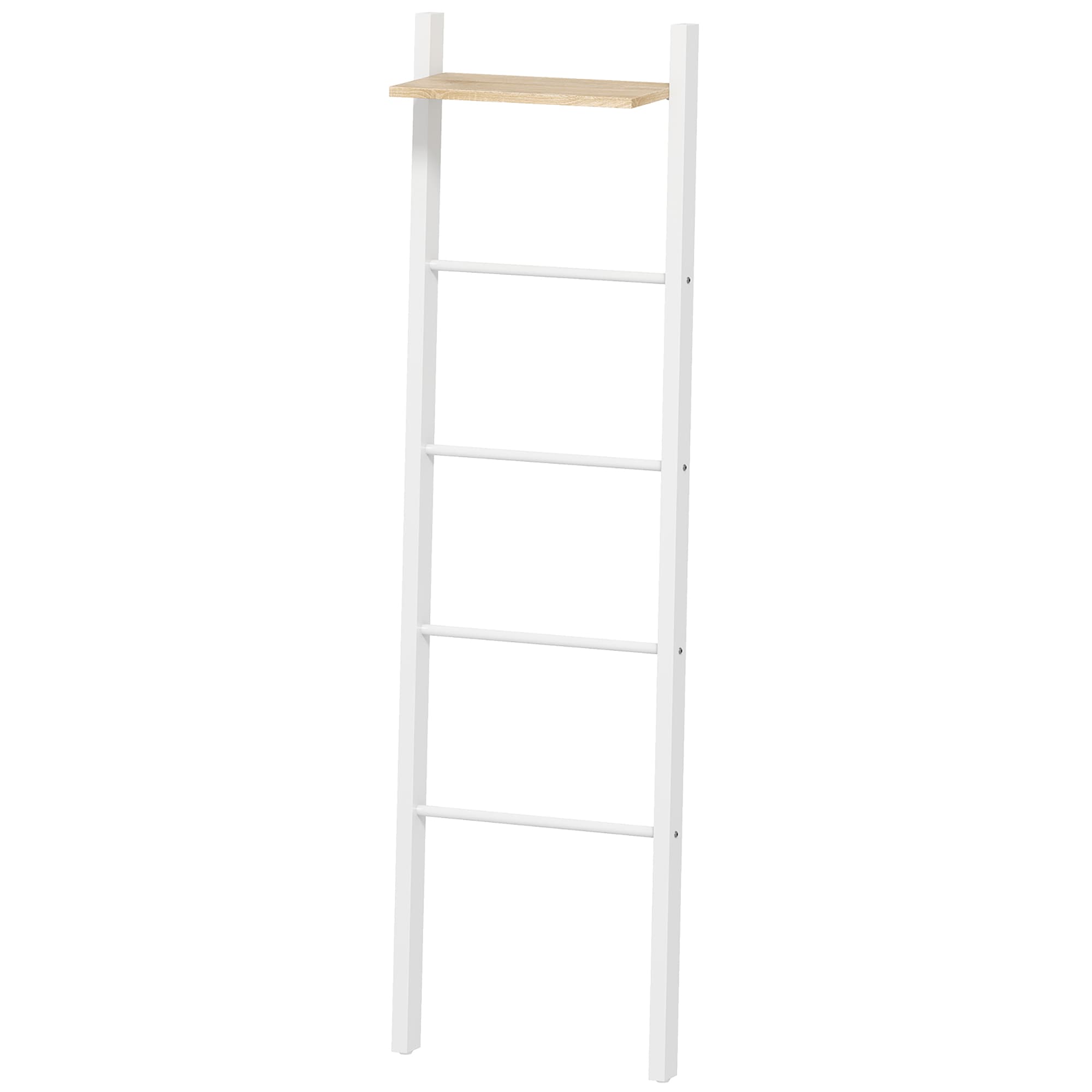 HOMCOM Porte-serviettes échelle avec étagère supérieure et 4 barres Porte-serviettes de salle de bain à appuyer contre le mur 43x20x151 cm Blanc et chêne