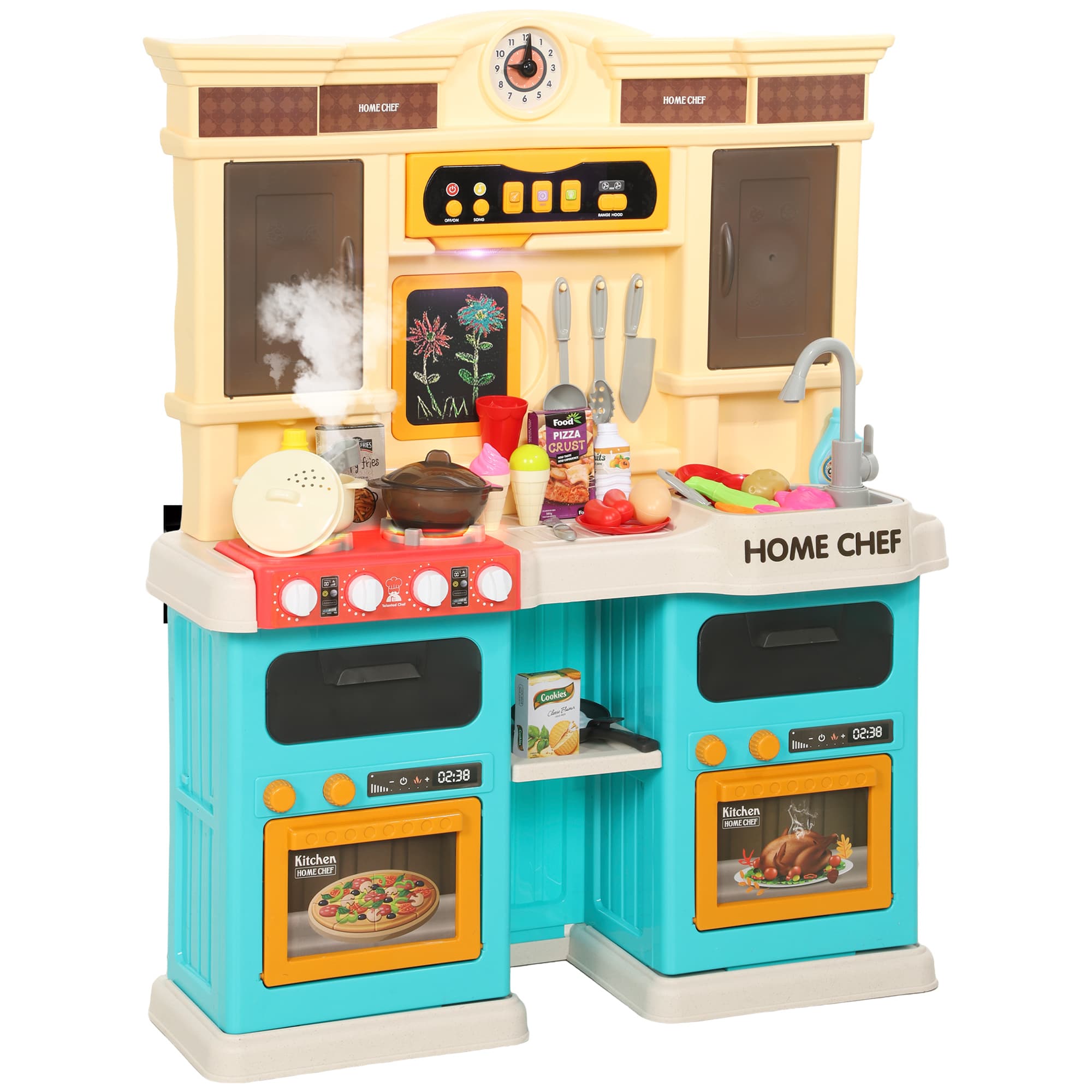 AIYAPLAY Cuisine jouet avec eau courante, accessoires 85 pièces, robinet électrique, lumières, sons, pour enfants de 3-6 ans, plastique, vert
