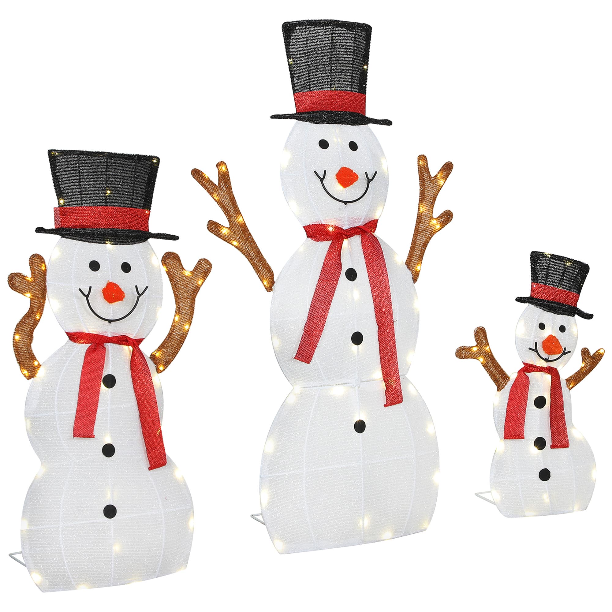 Outsunny Ensemble de 3 bonshommes de neige de Noël, décoration extérieure, éclairage LED, piquets de sol, étanche, acier, polyester, blanc